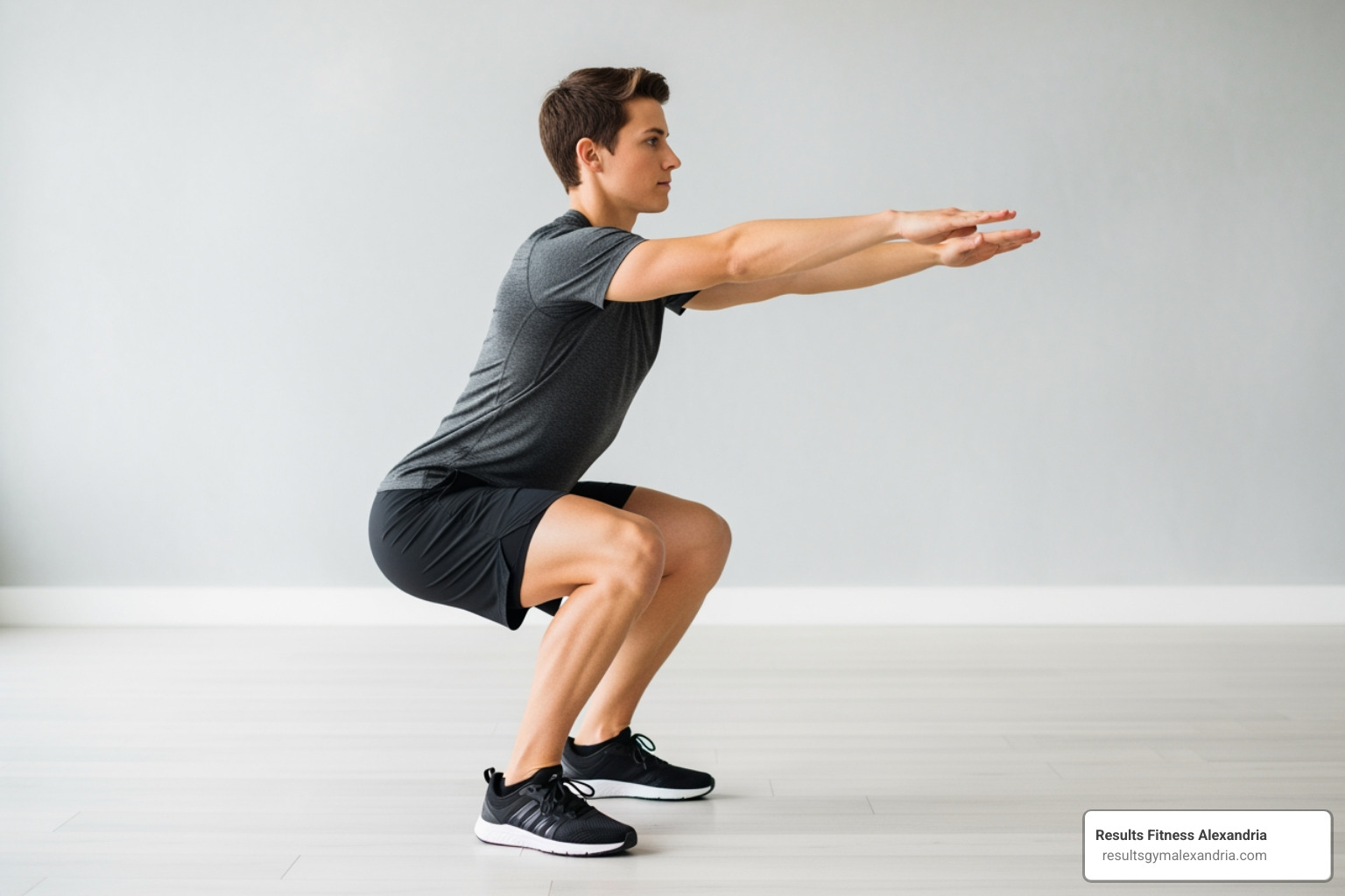 Person demonstrating a proper bodyweight squat form - boot camp workout for beginners