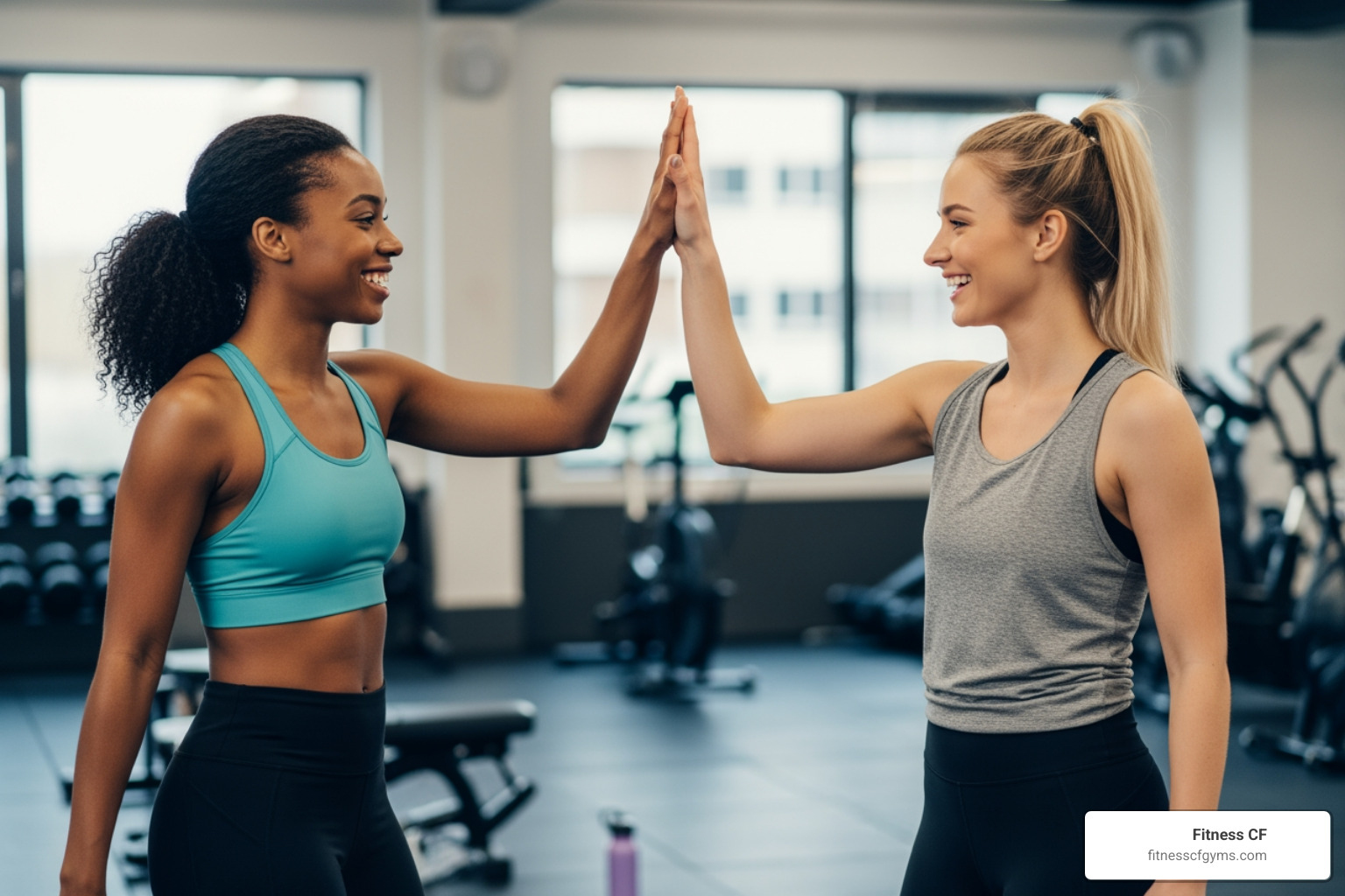 Two women smiling and high-fiving in a workout setting - women's only personal trainer