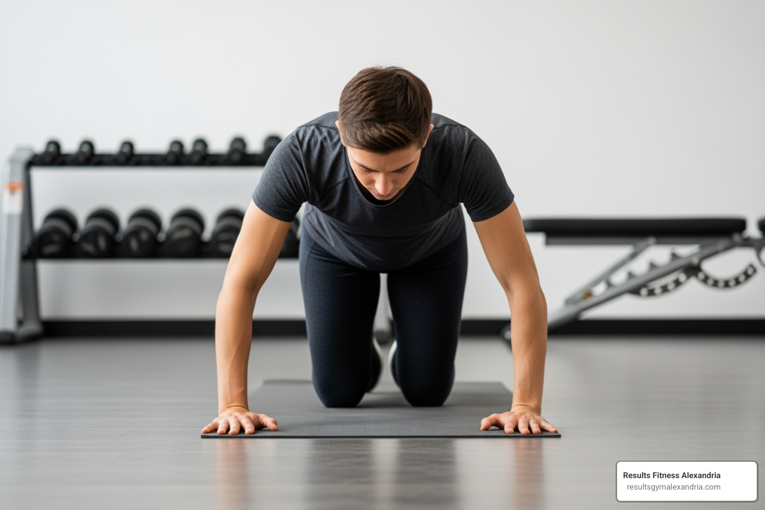 Person demonstrating a modified push-up on their knees - boot camp workout for beginners