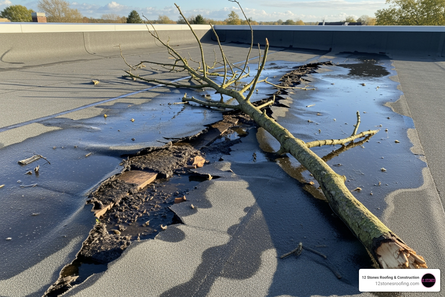 Image of a large tear in an EPDM membrane caused by a fallen tree branch - disadvantages of epdm roofing Image of a large tear in an EPDM membrane caused by a fallen tree branch - disadvantages of epdm roofing