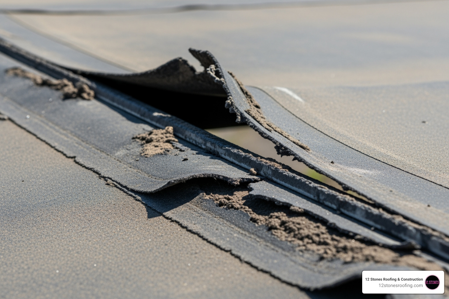 Image of a poorly sealed seam on an EPDM roof with visible gaps and adhesive failure - disadvantages of epdm roofing Image of a poorly sealed seam on an EPDM roof with visible gaps and adhesive failure - disadvantages of epdm roofing