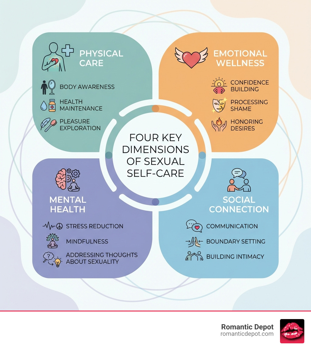 infographic showing the four key dimensions of sexual self-care: Physical care includes body awareness, health maintenance, and pleasure exploration; Emotional wellness encompasses confidence building, processing shame, and honoring desires; Mental health involves stress reduction, mindfulness, and addressing thoughts about sexuality; Social connection covers communication, boundary setting, and building intimacy with partners - Sexual Self Care infographic infographic showing the four key dimensions of sexual self-care: Physical care includes body awareness, health maintenance, and pleasure exploration; Emotional wellness encompasses confidence building, processing shame, and honoring desires; Mental health involves stress reduction, mindfulness, and addressing thoughts about sexuality; Social connection covers communication, boundary setting, and building intimacy with partners - Sexual Self Care infographic