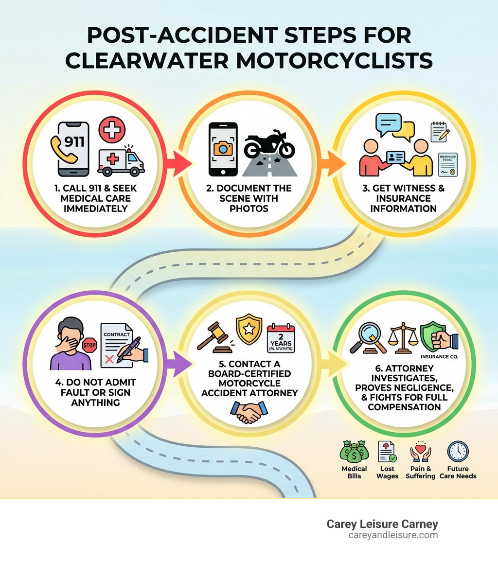 Infographic showing key steps after a Clearwater motorcycle accident: 1) Call 911 and seek medical care immediately, 2) Document the scene with photos if able, 3) Get witness and insurance information, 4) Do NOT admit fault or sign anything, 5) Contact a board-certified motorcycle accident attorney within 2 years (Florida statute of limitations), 6) Your attorney will investigate, prove negligence, and fight insurance companies for full compensation including medical bills, lost wages, pain and suffering, and future care needs - Motorcycle accident attorney clearwater infographic Infographic showing key steps after a Clearwater motorcycle accident: 1) Call 911 and seek medical care immediately, 2) Document the scene with photos if able, 3) Get witness and insurance information, 4) Do NOT admit fault or sign anything, 5) Contact a board-certified motorcycle accident attorney within 2 years (Florida statute of limitations), 6) Your attorney will investigate, prove negligence, and fight insurance companies for full compensation including medical bills, lost wages, pain and suffering, and future care needs - Motorcycle accident attorney clearwater infographic