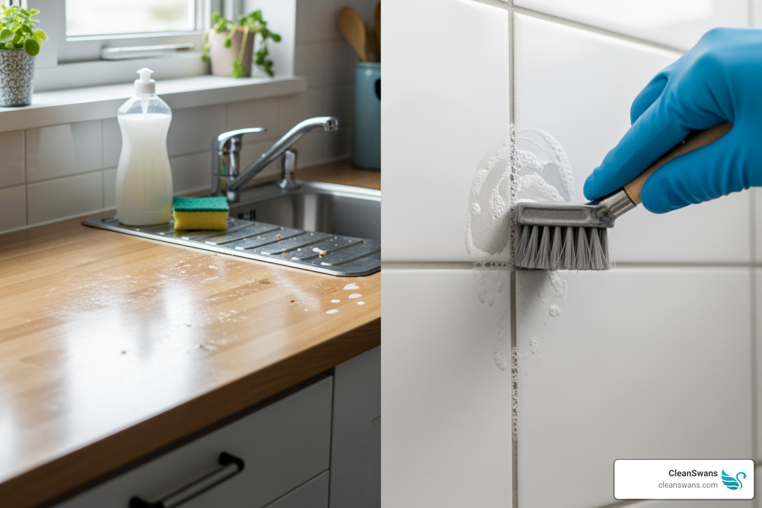 split-screen showing surface-wiped counter versus detailed cleaning of grout lines - deep clean house cleaning services