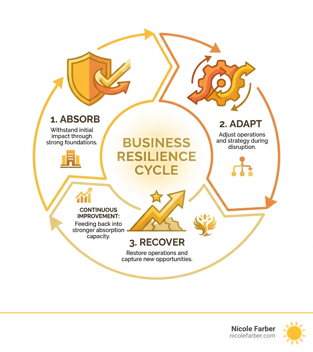 Infographic showing the three phases of business resilience: Absorb (withstand initial impact through strong foundations), Adapt (adjust operations and strategy during disruption), and Recover (restore operations and capture new opportunities). The cycle shows continuous improvement feeding back into stronger absorption capacity. - business resilience strategies infographic Infographic showing the three phases of business resilience: Absorb (withstand initial impact through strong foundations), Adapt (adjust operations and strategy during disruption), and Recover (restore operations and capture new opportunities). The cycle shows continuous improvement feeding back into stronger absorption capacity. - business resilience strategies infographic