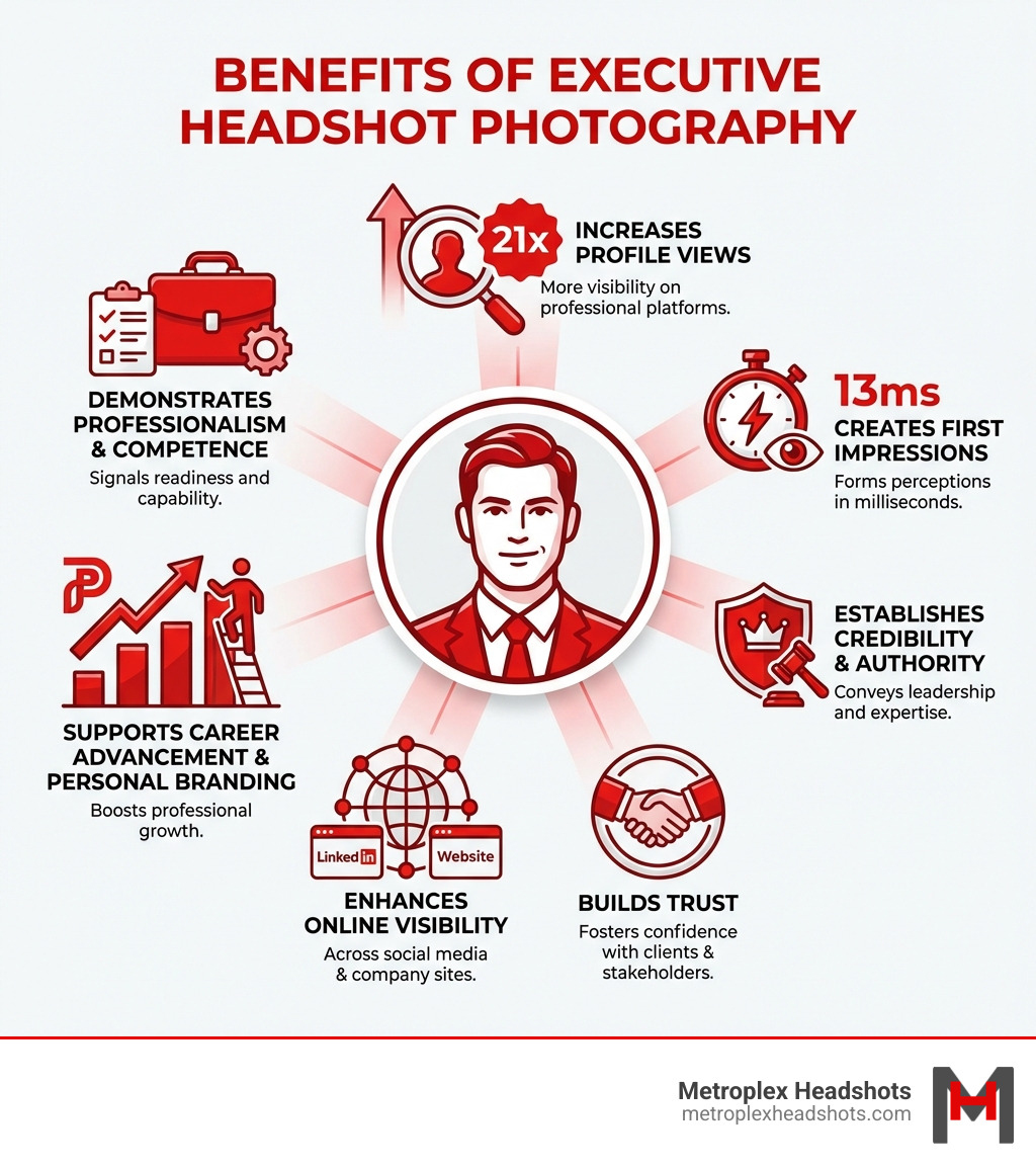 Infographic showing the key benefits of executive headshot photography: increases profile views by 21x, creates first impressions in 13 milliseconds, establishes credibility and authority, builds trust with clients and stakeholders, enhances online visibility across LinkedIn and company websites, supports career advancement and personal branding, and demonstrates professionalism and competence - Executive headshot photography infographic 