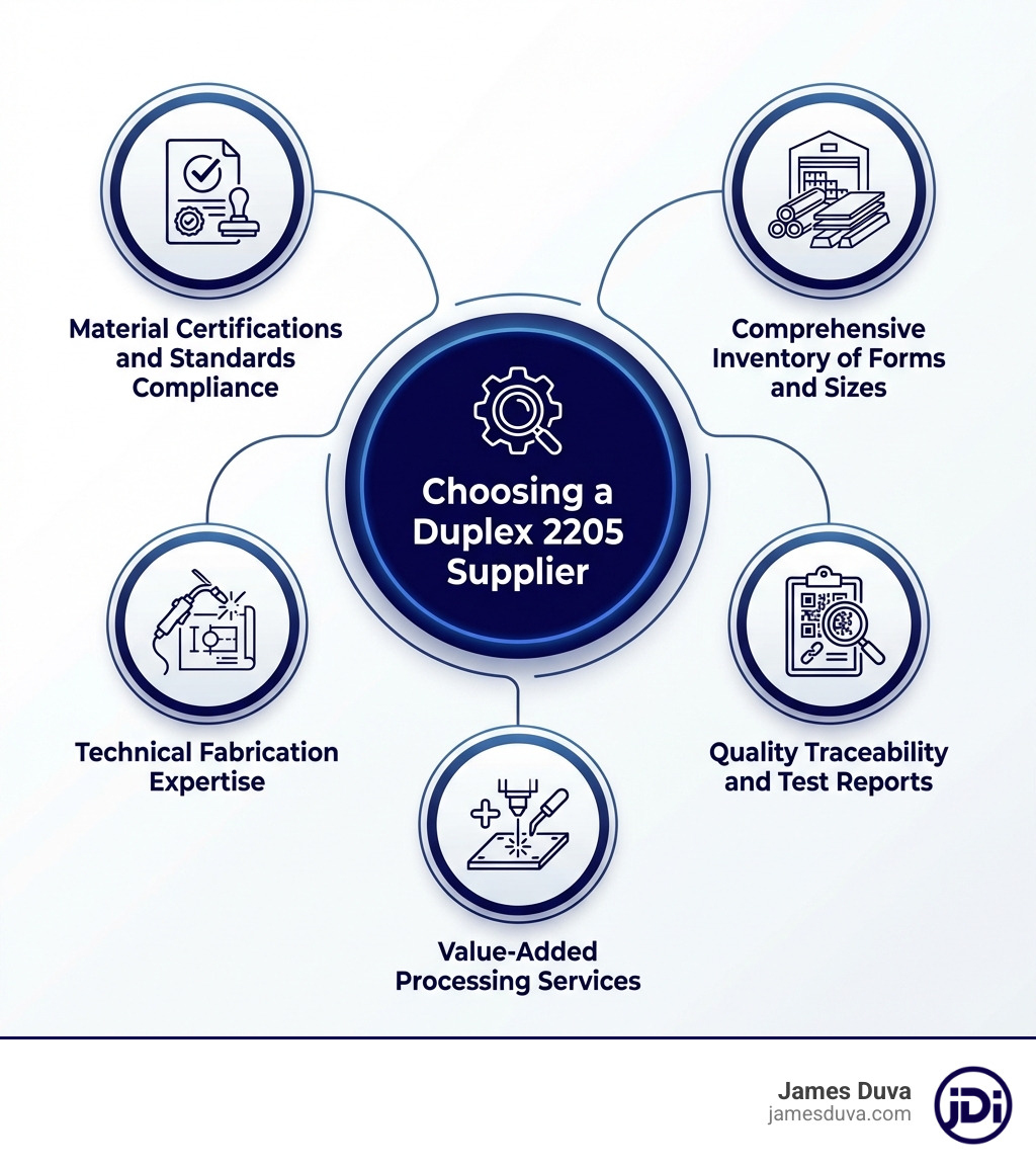 Infographic showing key supplier selection criteria for Duplex 2205: center circle labeled 'Choosing a Duplex 2205 Supplier' with five connected circles showing Material Certifications and Standards Compliance, Comprehensive Inventory of Forms and Sizes, Technical Fabrication Expertise, Quality Traceability and Test Reports, and Value-Added Processing Services - duplex 2205 supplier infographic 