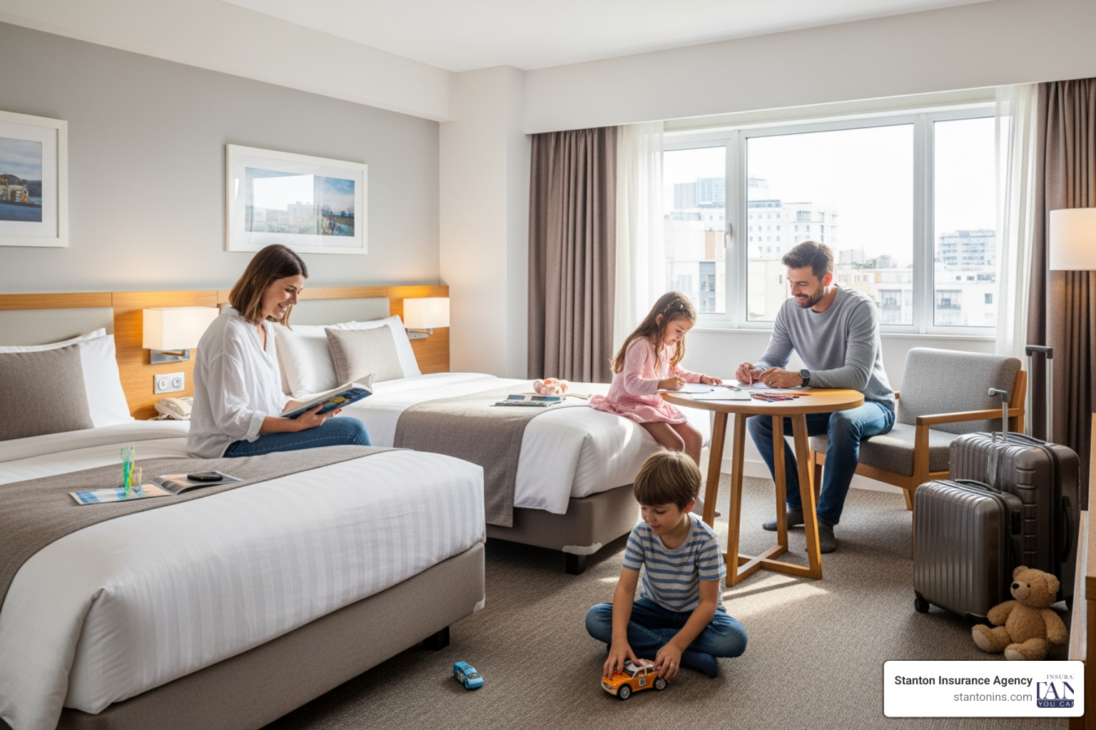 A picture of a family temporarily staying in a clean, comfortable hotel room. - minimum coverage renters insurance A picture of a family temporarily staying in a clean, comfortable hotel room. - minimum coverage renters insurance