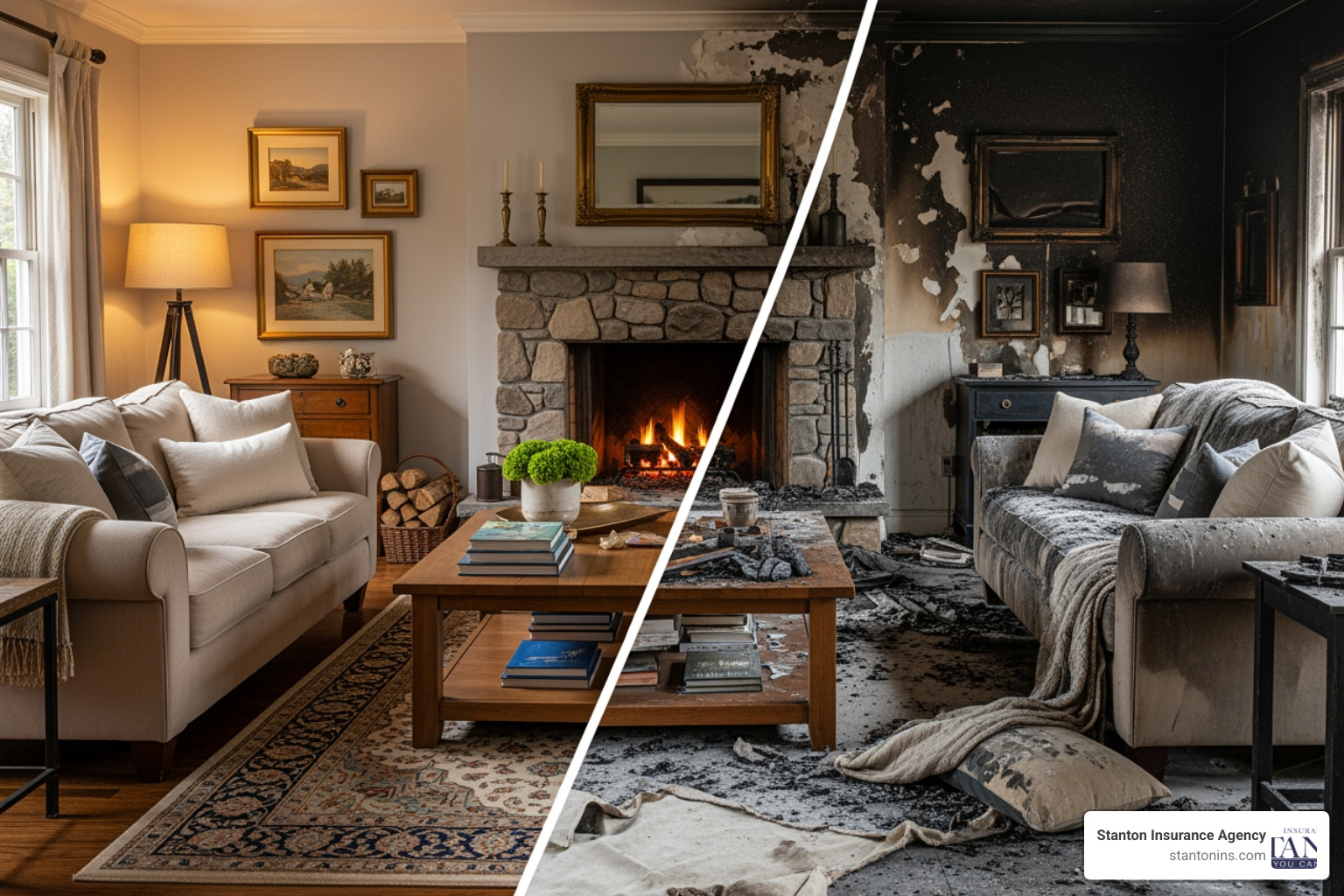 A split-screen image showing a living room before and after a fire, with the "after" side highlighting the cost of replacing individual items. - minimum coverage renters insurance A split-screen image showing a living room before and after a fire, with the "after" side highlighting the cost of replacing individual items. - minimum coverage renters insurance