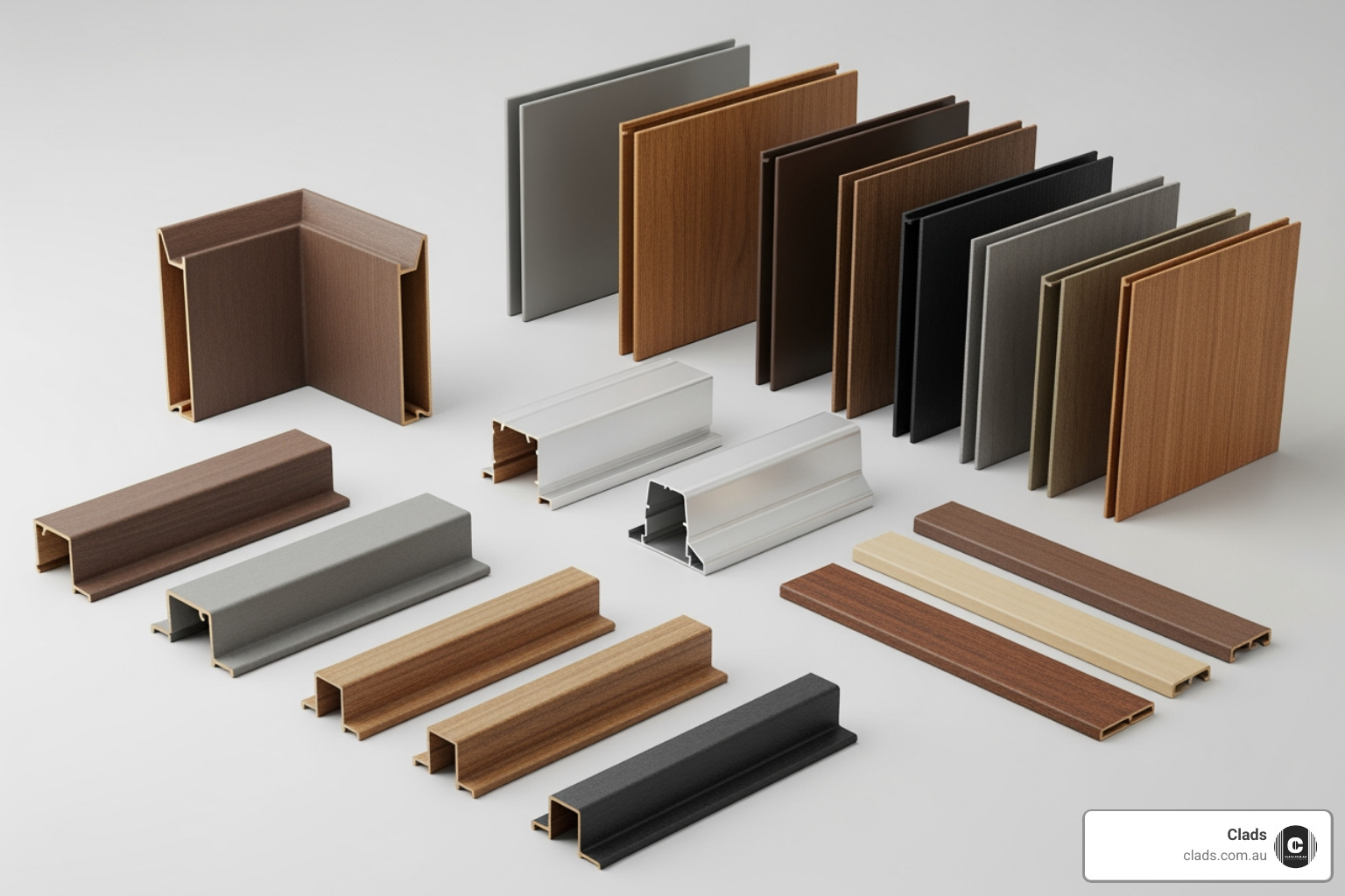 Multiple aluminum and composite cladding corner trim components displayed with matching wall cladding samples.