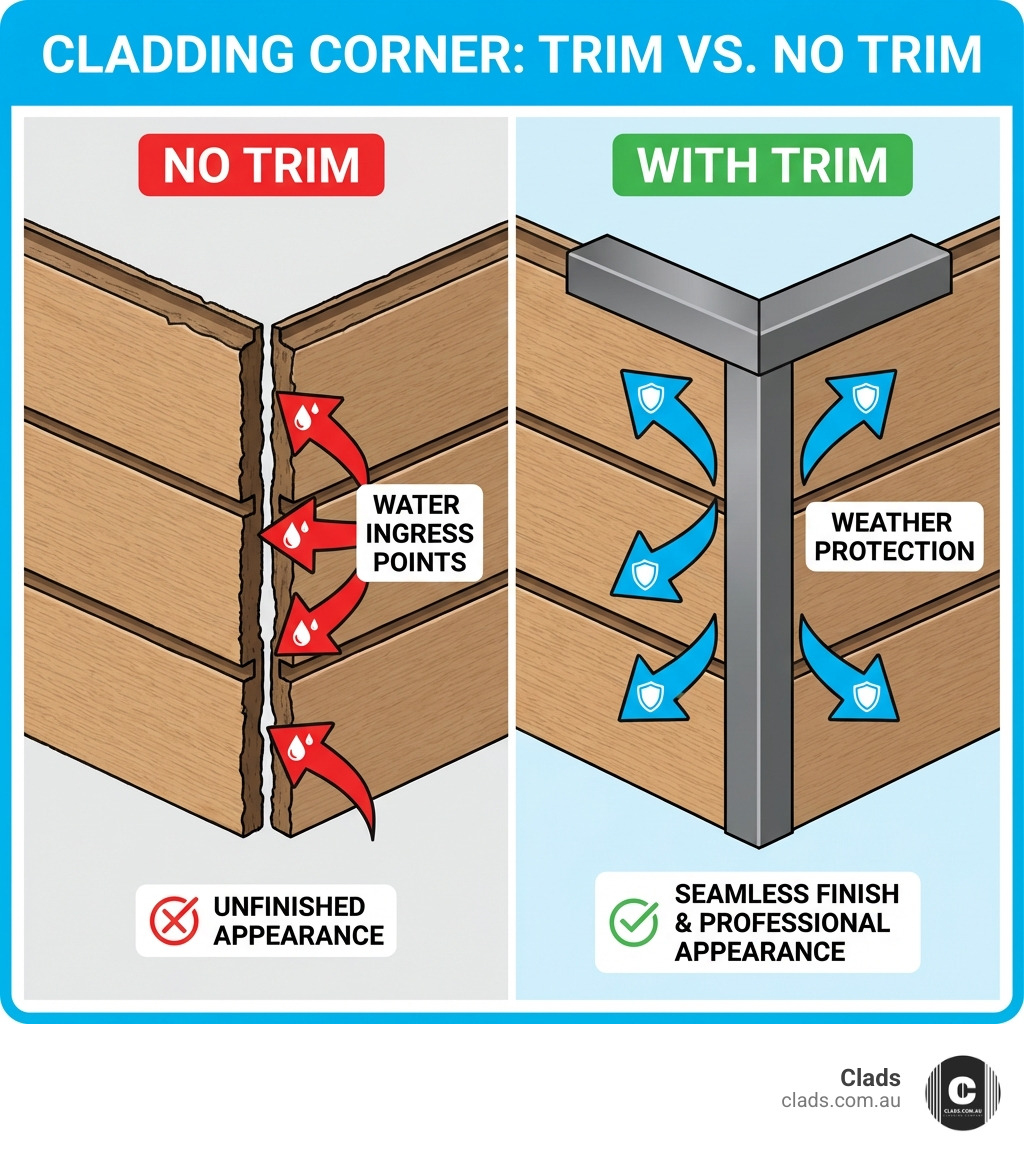 Diagram illustrating "Trim vs. No Trim" for wall panels, highlighting the weather protection of cladding corner trim.