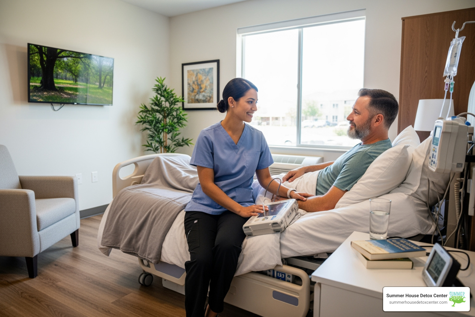 compassionate nurse checking on a patient in a comfortable room - alcohol detox clinic
