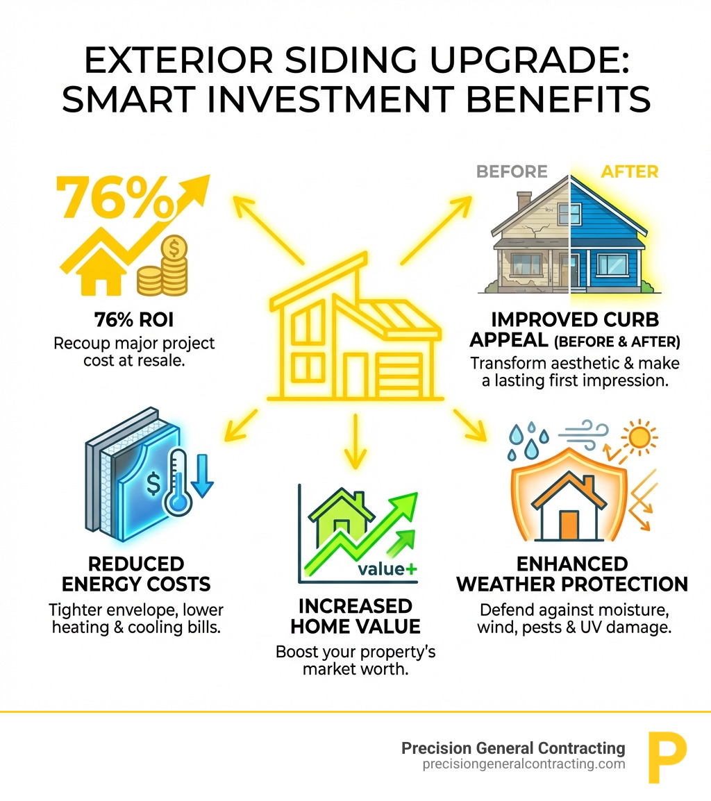 infographic showing siding upgrade benefits including 76% ROI, reduced energy costs with modern insulation, increased home value, enhanced weather protection, and improved curb appeal with before and after home images - Exterior siding upgrade infographic 