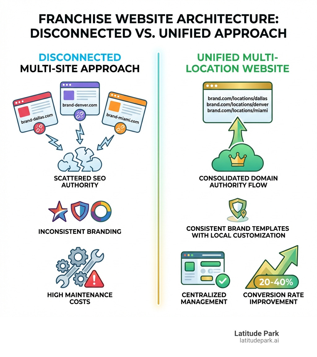Infographic comparing disconnected multi-site approach vs. unified multi-location website: Left side shows separate domains for each location with scattered SEO authority, inconsistent branding, and high maintenance costs. Right side shows single domain with subfolders, consolidated domain authority flowing to all locations, consistent brand templates with local customization, centralized management, and 20-40% conversion rate improvements. - multi-location website design for franchises infographic Infographic comparing disconnected multi-site approach vs. unified multi-location website: Left side shows separate domains for each location with scattered SEO authority, inconsistent branding, and high maintenance costs. Right side shows single domain with subfolders, consolidated domain authority flowing to all locations, consistent brand templates with local customization, centralized management, and 20-40% conversion rate improvements. - multi-location website design for franchises infographic