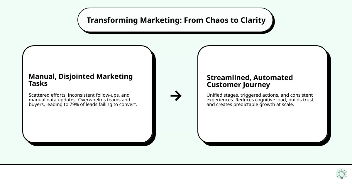 Infographic showing the transformation from manual, scattered marketing tasks (depicted as disconnected elements like individual email sends, manual list updates, and isolated follow-ups) flowing into a unified, automated customer journey (depicted as a clear, linear path with defined stages, triggers, and actions working in harmony to guide contacts from awareness to conversion) - hubspot marketing workflows infographic cause_effect_text Infographic showing the transformation from manual, scattered marketing tasks (depicted as disconnected elements like individual email sends, manual list updates, and isolated follow-ups) flowing into a unified, automated customer journey (depicted as a clear, linear path with defined stages, triggers, and actions working in harmony to guide contacts from awareness to conversion) - hubspot marketing workflows infographic cause_effect_text