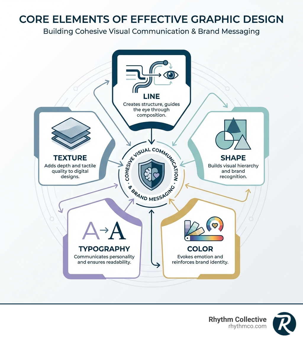 Infographic showing the five core elements of effective graphic design: Line (creates structure and guides the eye through composition), Shape (builds visual hierarchy and brand recognition), Color (evokes emotion and reinforces brand identity), Typography (communicates personality and ensures readability), and Texture (adds depth and tactile quality to digital designs). Each element shows how it contributes to cohesive visual communication and brand messaging. - graphic creation infographic Infographic showing the five core elements of effective graphic design: Line (creates structure and guides the eye through composition), Shape (builds visual hierarchy and brand recognition), Color (evokes emotion and reinforces brand identity), Typography (communicates personality and ensures readability), and Texture (adds depth and tactile quality to digital designs). Each element shows how it contributes to cohesive visual communication and brand messaging. - graphic creation infographic