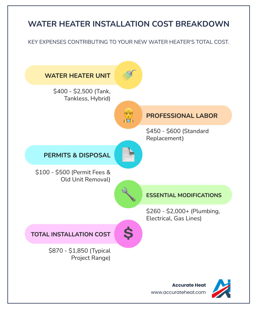 Infographic showing the average cost breakdown for water heater installation: Unit Cost ($400-$2,500), Labor ($450-$600), Permits ($75-$200), Disposal ($100-$500), and Potential Extras like gas lines or electrical work ($260-$2,000+), with total typical range of $870-$1,850 - cost of installing new water heater infographic infographic-line-5-steps-colors