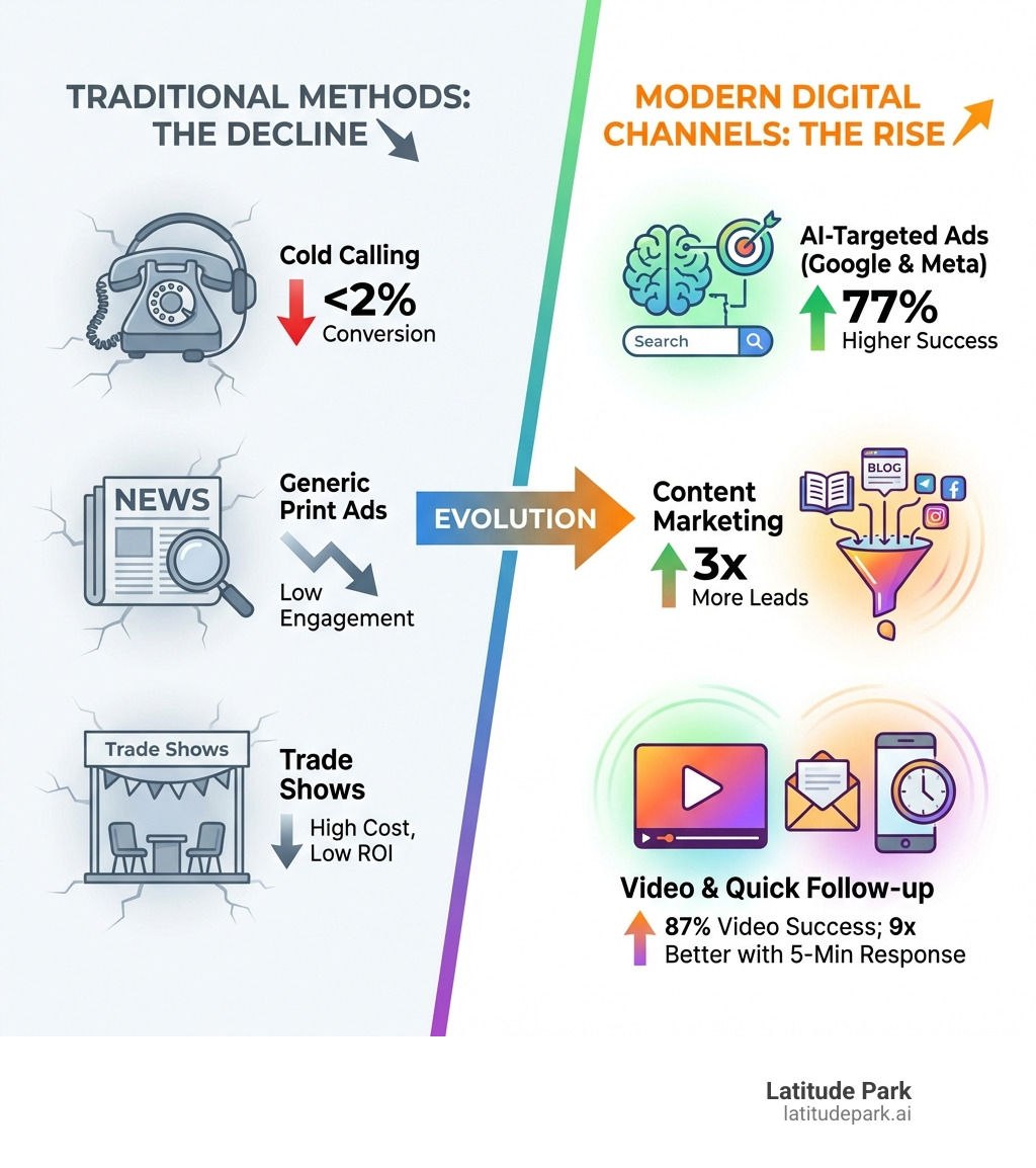 Infographic showing the decline of traditional franchise lead generation methods (cold calling with <2% conversion, generic print ads, costly trade shows) contrasted with modern digital channels rising (AI-targeted Google and Meta ads with 77% higher success, content marketing generating 3x more leads, video content with 87% marketer success rate, email and text follow-up converting 9x better with 5-minute response) - franchise sales lead generation infographic Infographic showing the decline of traditional franchise lead generation methods (cold calling with <2% conversion, generic print ads, costly trade shows) contrasted with modern digital channels rising (AI-targeted Google and Meta ads with 77% higher success, content marketing generating 3x more leads, video content with 87% marketer success rate, email and text follow-up converting 9x better with 5-minute response) - franchise sales lead generation infographic
