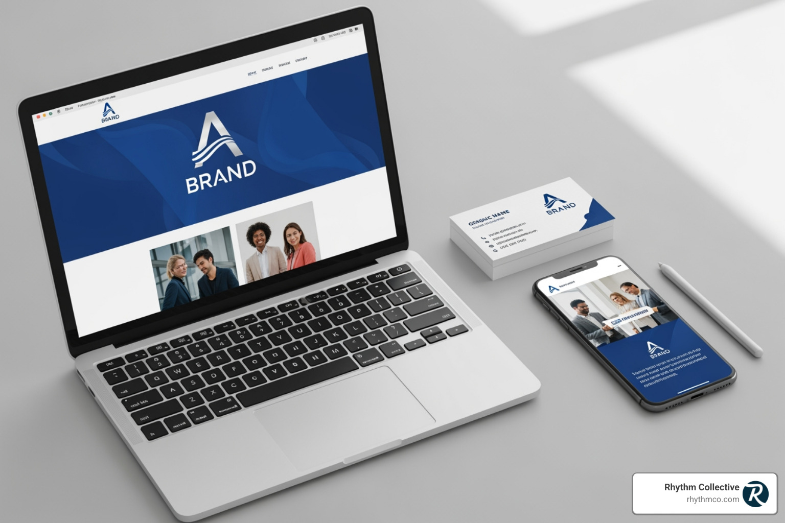 A cohesive brand identity across a website, business card, and social media post, emphasizing consistent visual elements - graphic creation A cohesive brand identity across a website, business card, and social media post, emphasizing consistent visual elements - graphic creation
