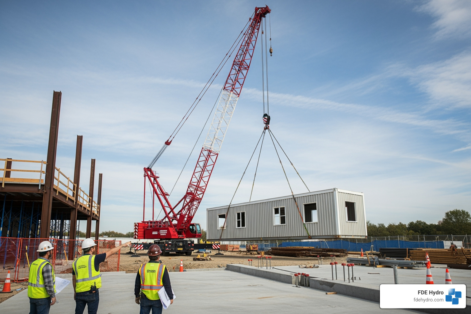 Crane placing a large module onto a foundation - Modular building systems Crane placing a large module onto a foundation - Modular building systems