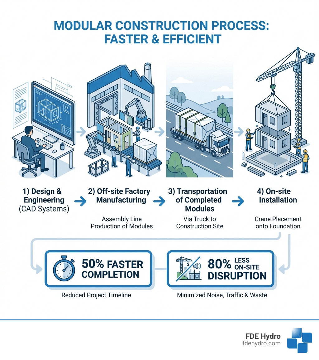 Modular construction process infographic showing four main stages: 1) Design & Engineering with CAD systems in office, 2) Off-site Factory Manufacturing with assembly line production of modules, 3) Transportation of completed modules via truck to construction site, 4) On-site Installation with crane placement onto prepared foundation, resulting in 50% faster completion and 80% less on-site disruption - Modular building systems infographic Modular construction process infographic showing four main stages: 1) Design & Engineering with CAD systems in office, 2) Off-site Factory Manufacturing with assembly line production of modules, 3) Transportation of completed modules via truck to construction site, 4) On-site Installation with crane placement onto prepared foundation, resulting in 50% faster completion and 80% less on-site disruption - Modular building systems infographic
