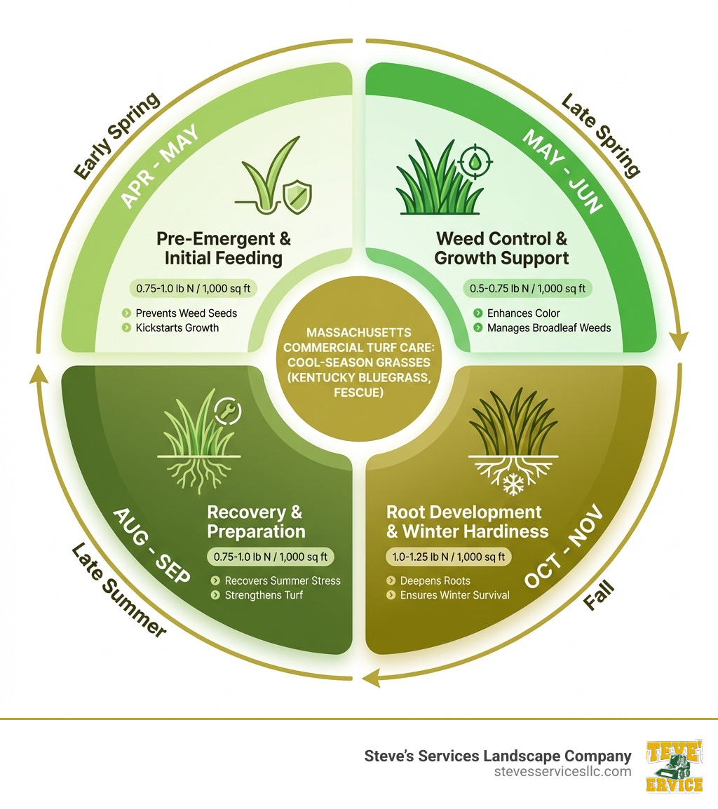 infographic showing the annual fertilization calendar for commercial properties in Massachusetts, with four key application windows: early spring (April-May) for pre-emergent and initial feeding, late spring (May-June) for weed control and growth support, late summer (August-September) for recovery and preparation, and fall (October-November) for root development and winter hardiness, with each window showing recommended nitrogen rates per 1000 square feet and specific benefits for cool-season grasses like Kentucky bluegrass and fescue - commercial lawn fertilizer infographic 