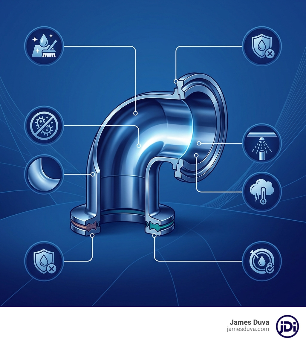 Infographic showing the anatomy of a sanitary fitting with callouts highlighting key features: mirror-polished interior surface for easy cleaning, no crevices or threads to harbor bacteria, smooth transitions to prevent product buildup, corrosion-resistant stainless steel construction, compatible with CIP and SIP cleaning systems, and gasket seal design for leak-proof connections - beverage sanitary fittings infographic 