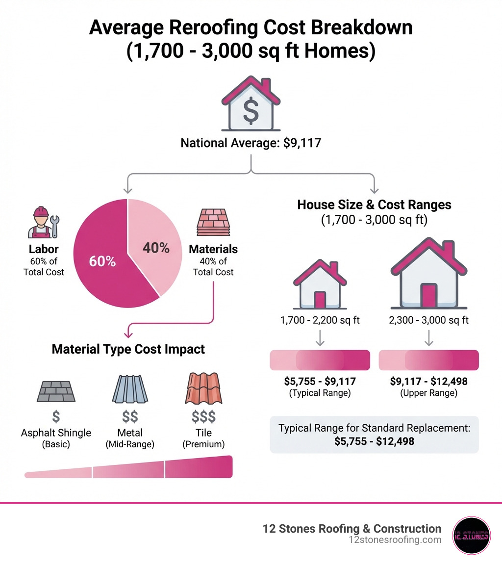 Infographic showing breakdown of average reroofing costs by material type, labor percentage, and house size with cost ranges for 1,700 to 3,000 square foot homes - average cost of reroofing infographic 