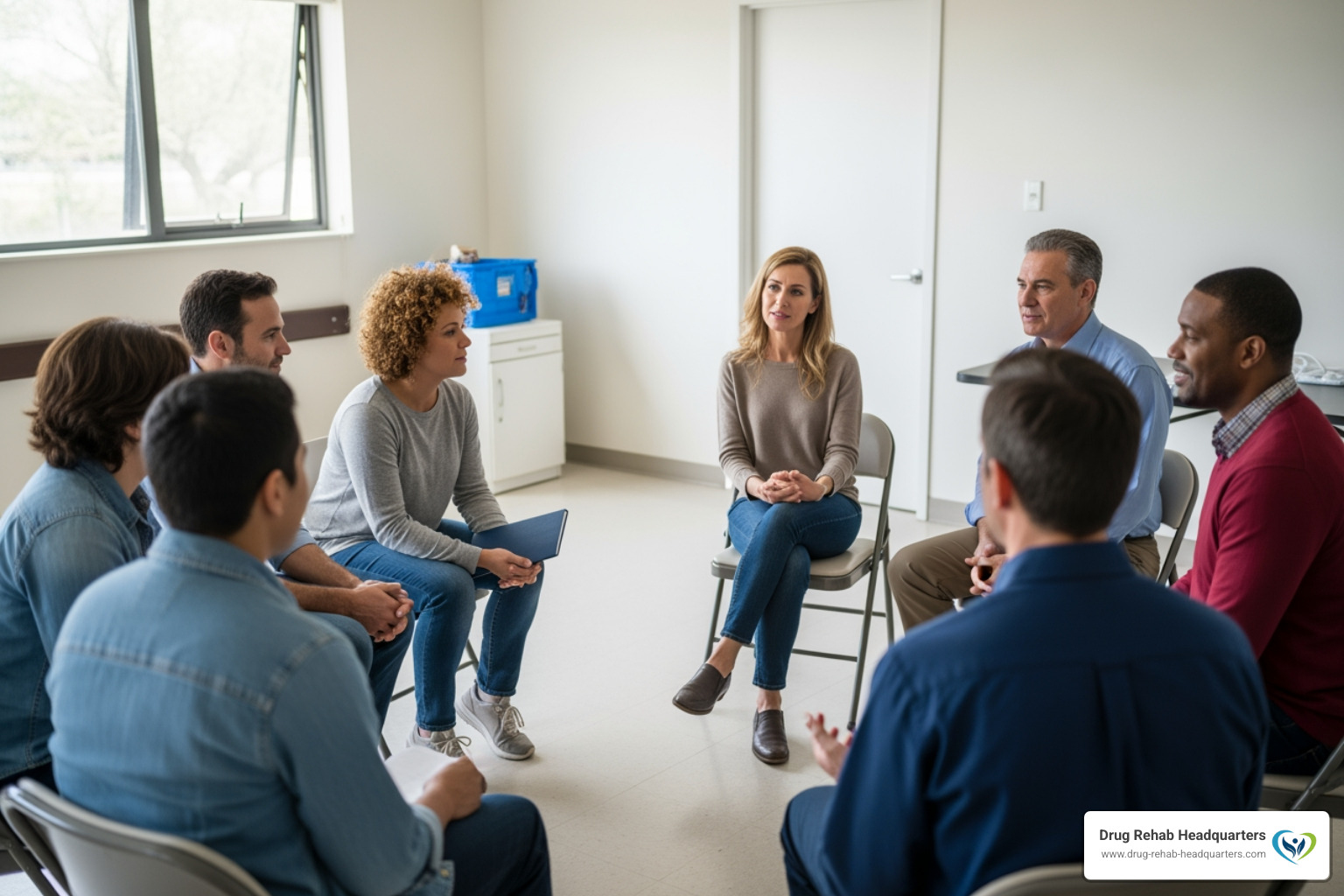 supportive group therapy session in a simple, clean room - free inpatient rehab