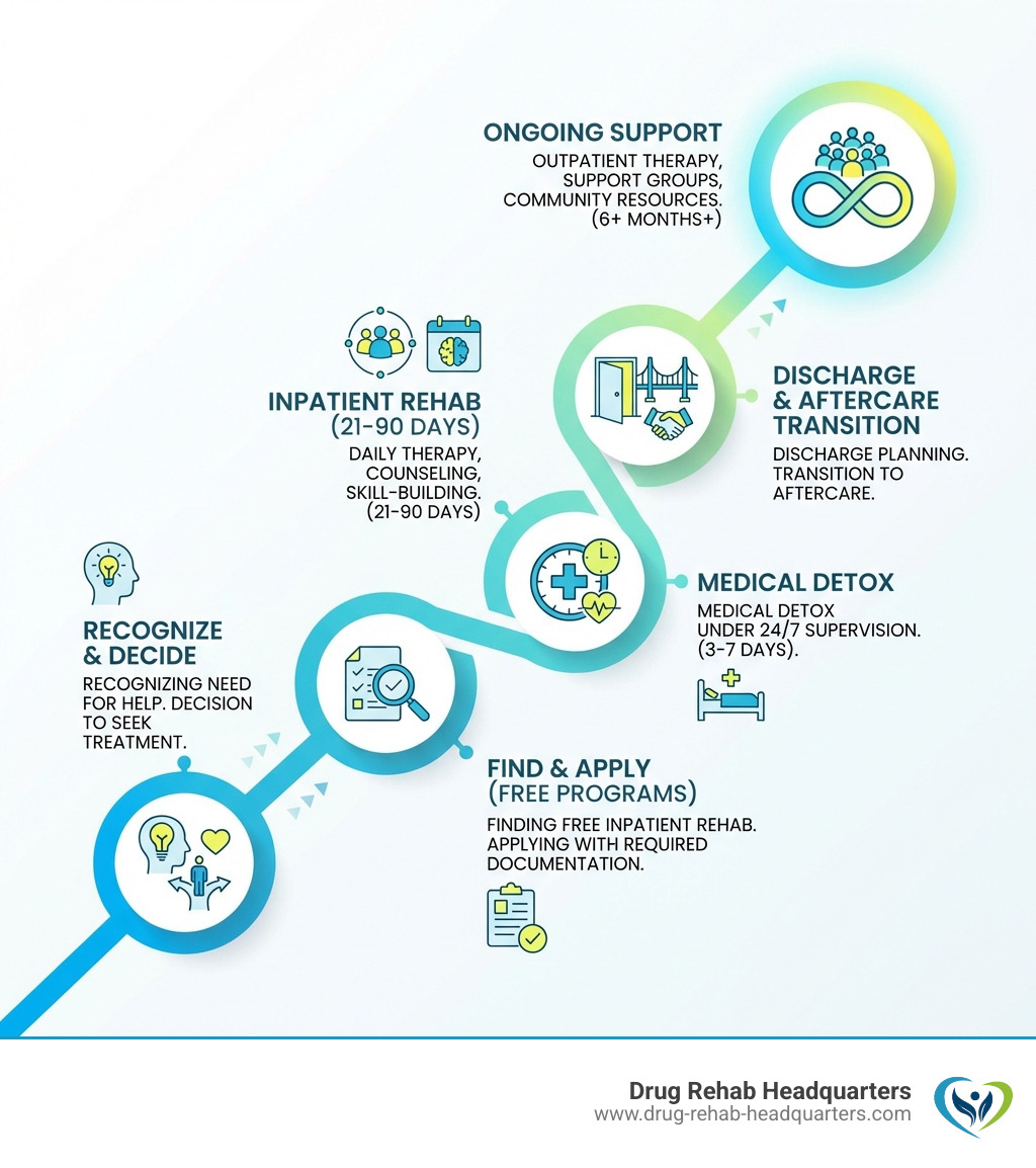 Infographic showing the addiction recovery journey: Step 1 - Recognizing the need for help and making the decision to seek treatment; Step 2 - Finding and applying to free inpatient rehab programs with required documentation; Step 3 - Medical detoxification under 24/7 supervision (3-7 days); Step 4 - Inpatient rehabilitation with daily therapy, counseling, and skill-building (21-90 days); Step 5 - Discharge planning and transition to aftercare; Step 6 - Ongoing support through outpatient therapy, support groups, and community resources (6+ months) - free inpatient rehab infographic 