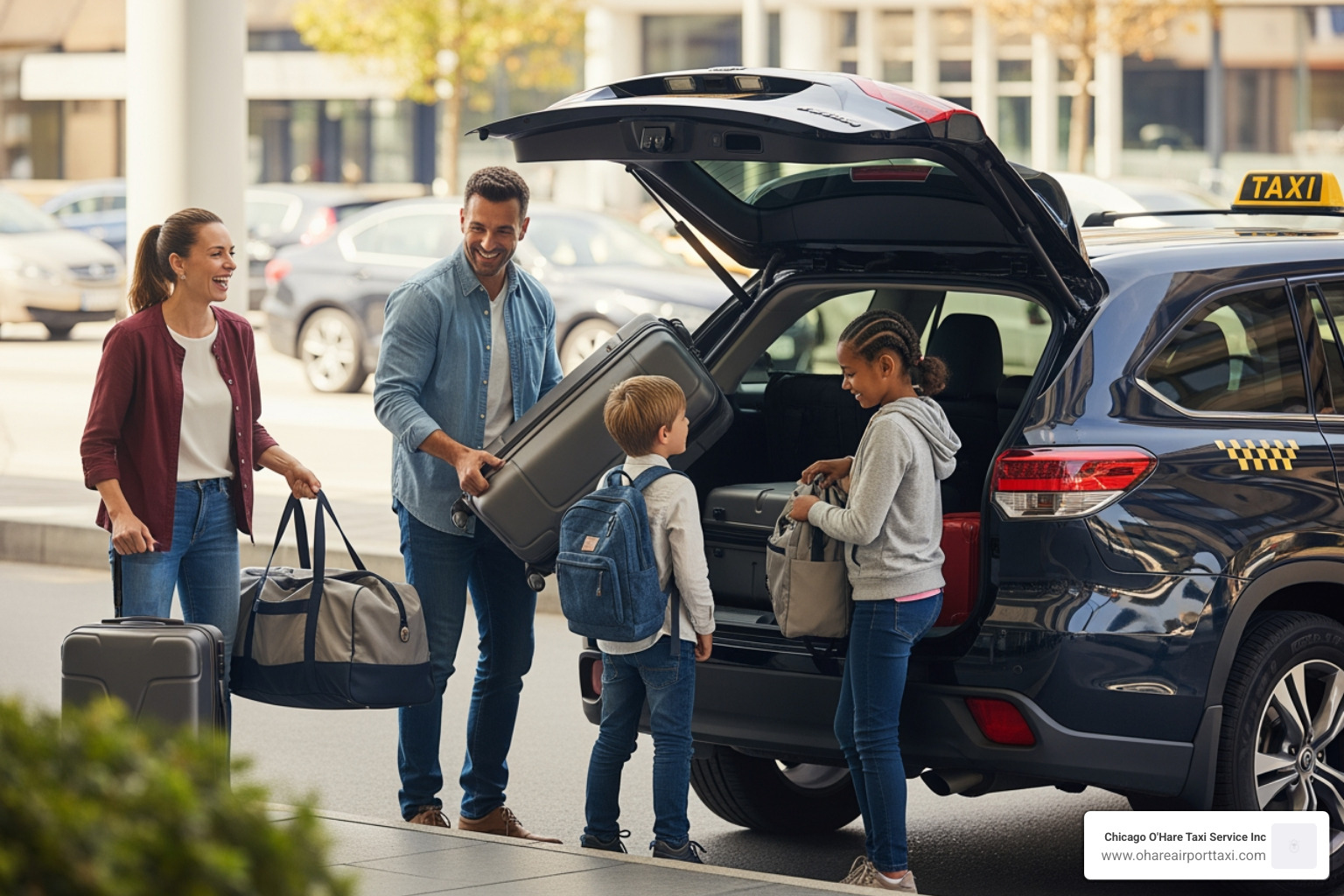 family happily loading luggage into a spacious SUV taxi - drop call taxi family happily loading luggage into a spacious SUV taxi - drop call taxi