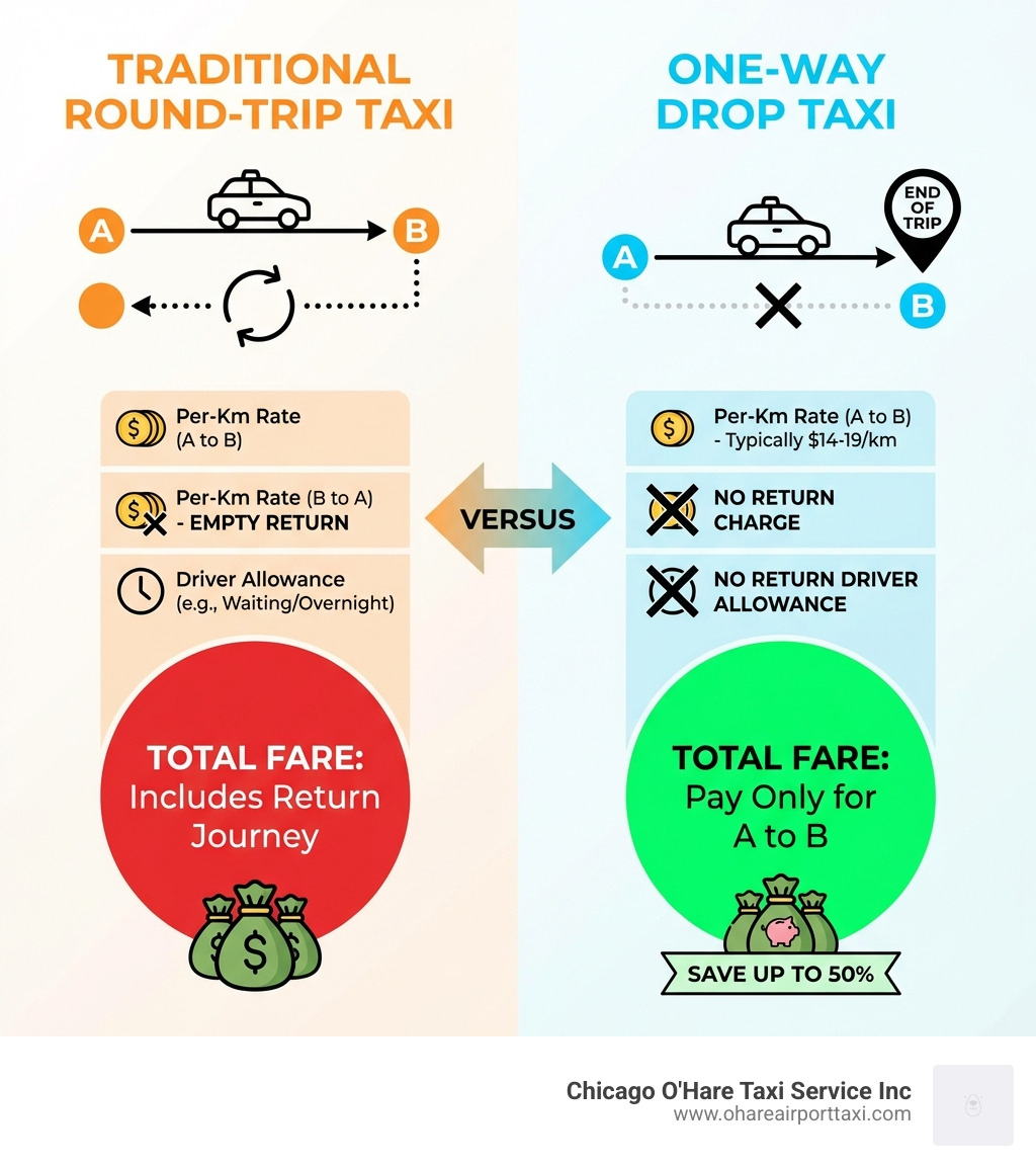 infographic comparing traditional round-trip taxi costs versus one-way drop taxi savings, showing payment structure breakdown with per-kilometer rates, driver allowance, and total fare differences between the two service types - drop call taxi infographic infographic comparing traditional round-trip taxi costs versus one-way drop taxi savings, showing payment structure breakdown with per-kilometer rates, driver allowance, and total fare differences between the two service types - drop call taxi infographic