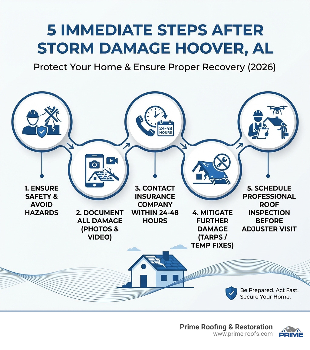 infographic showing the 5 immediate steps after storm damage: 1. Ensure safety and avoid hazards, 2. Document all damage with photos and video, 3. Contact insurance company within 24-48 hours, 4. Mitigate further damage with tarps or temporary fixes, 5. Schedule professional roof inspection before adjuster visit - storm damage Hoover AL infographic 