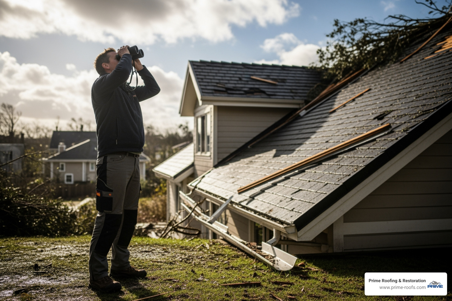 a person safely inspecting their roof from the ground with binoculars - storm damage Hoover AL