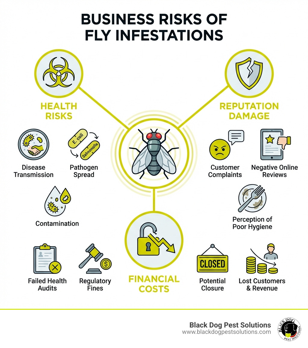 Comprehensive infographic showing the business risks of fly infestations: Health Risks (disease transmission, E. coli, Salmonella, pathogen spread), Reputation Damage (customer complaints, negative online reviews, perception of poor hygiene), and Financial Costs (failed health audits, regulatory fines, potential closure, lost customers and revenue) - commercial fly control infographic Comprehensive infographic showing the business risks of fly infestations: Health Risks (disease transmission, E. coli, Salmonella, pathogen spread), Reputation Damage (customer complaints, negative online reviews, perception of poor hygiene), and Financial Costs (failed health audits, regulatory fines, potential closure, lost customers and revenue) - commercial fly control infographic