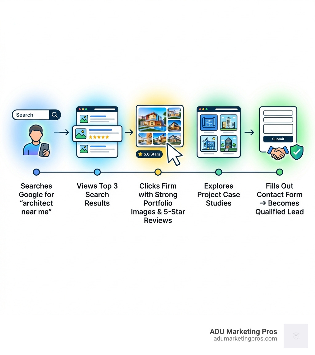 Infographic showing the client journey: homeowner searches Google for "architect near me" &rarr; views top 3 search results &rarr; clicks on firm with strong portfolio images and 5-star reviews &rarr; explores project case studies &rarr; fills out contact form &rarr; becomes qualified lead - seo agency for architects infographic 
