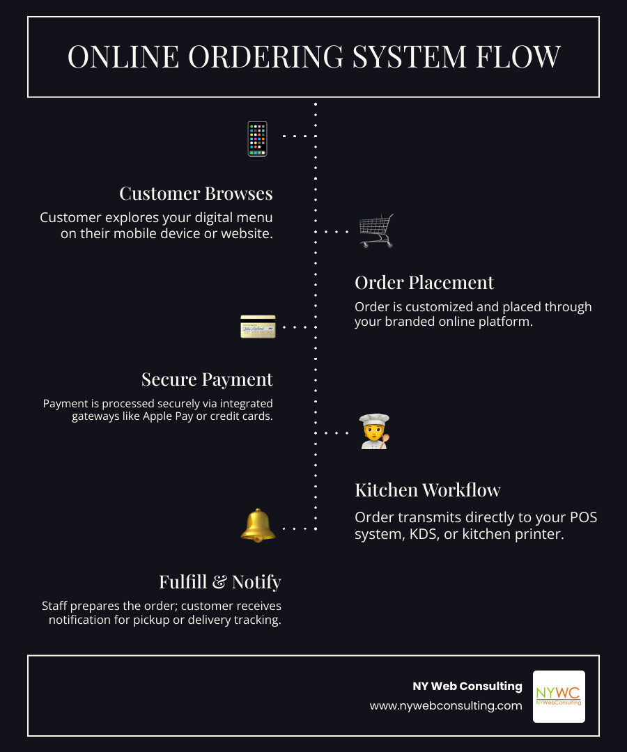 infographic showing the complete online ordering flow: customer browses menu on mobile device, places order through branded website, payment processes securely, order transmits to restaurant POS system, displays on kitchen printer or KDS, staff prepares order, customer receives notification for pickup or delivery tracking - online ordering systems infographic infographic-line-5-steps-dark infographic showing the complete online ordering flow: customer browses menu on mobile device, places order through branded website, payment processes securely, order transmits to restaurant POS system, displays on kitchen printer or KDS, staff prepares order, customer receives notification for pickup or delivery tracking - online ordering systems infographic infographic-line-5-steps-dark