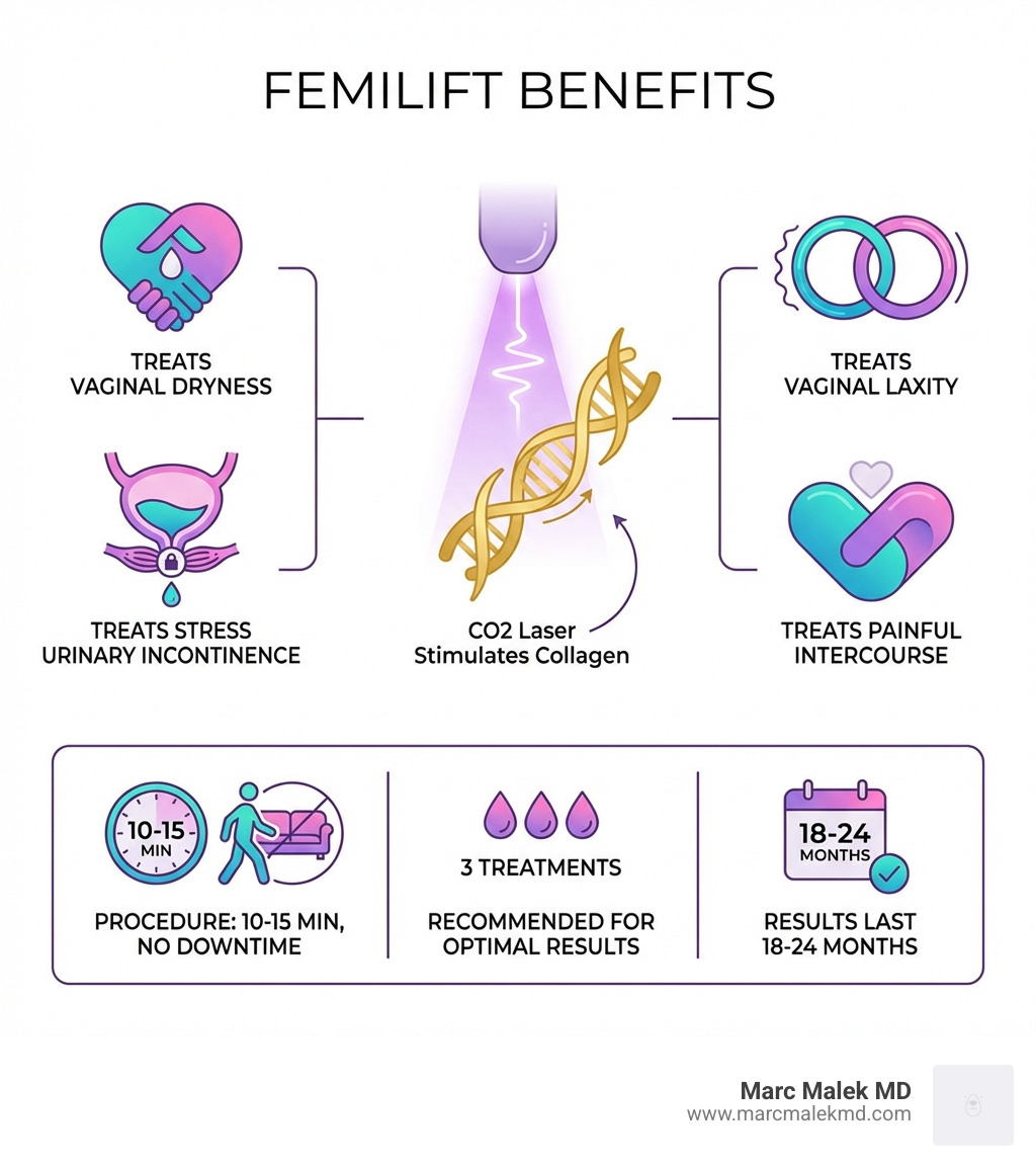 Infographic showing FemiLift benefits: treats vaginal dryness, stress urinary incontinence, vaginal laxity, and painful intercourse; procedure takes 10-15 minutes with no downtime; uses CO2 laser to stimulate collagen production; results last 18-24 months; 3 treatments recommended for optimal results - what is a femilift procedure infographic Infographic showing FemiLift benefits: treats vaginal dryness, stress urinary incontinence, vaginal laxity, and painful intercourse; procedure takes 10-15 minutes with no downtime; uses CO2 laser to stimulate collagen production; results last 18-24 months; 3 treatments recommended for optimal results - what is a femilift procedure infographic
