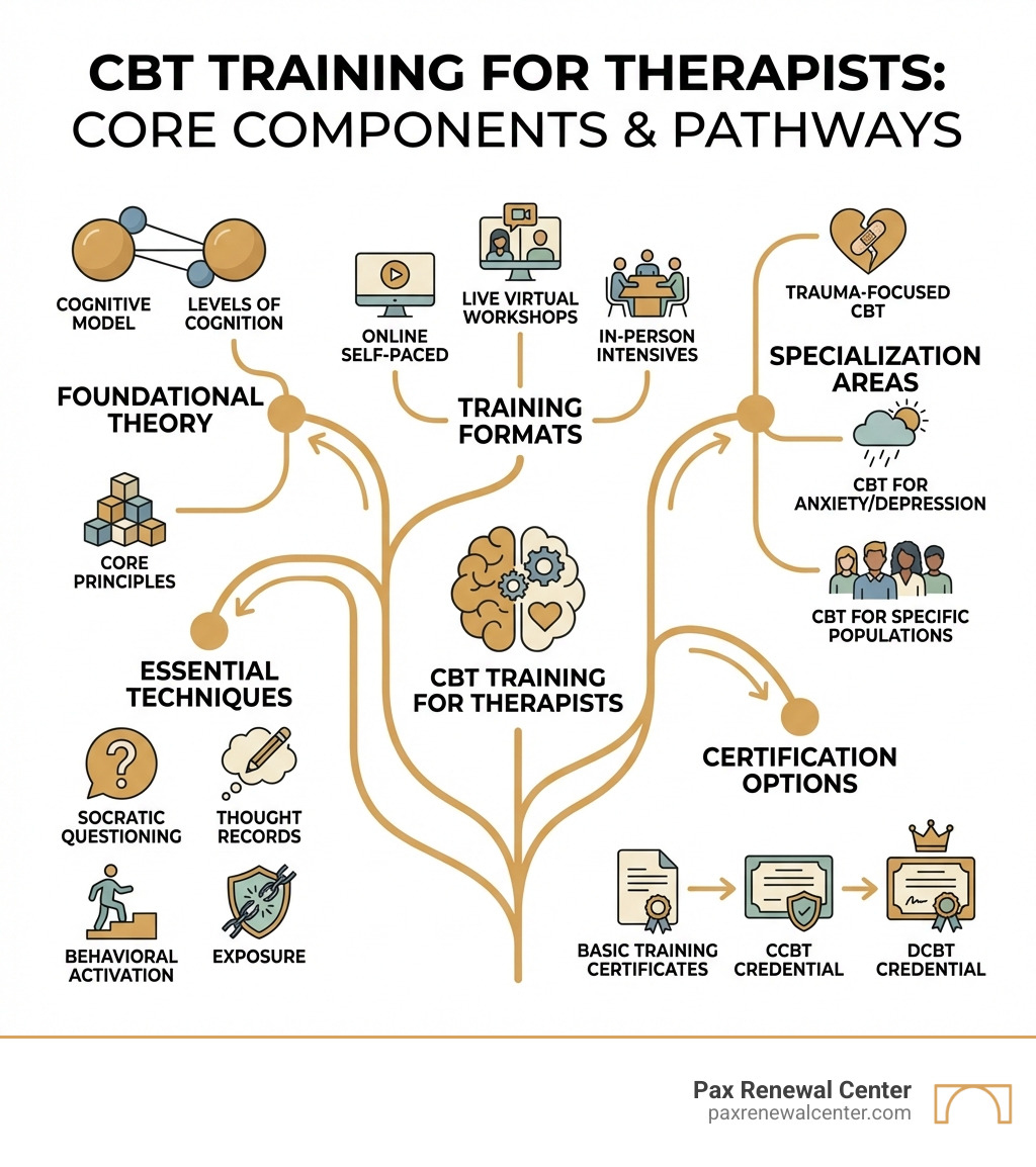 Infographic showing the core components of CBT training for therapists: foundational theory (cognitive model, levels of cognition), essential techniques (Socratic questioning, thought records, behavioral activation, exposure), training formats (online self-paced, live virtual workshops, in-person intensives), specialization areas (trauma-focused CBT, CBT for anxiety/depression, CBT for specific populations), and certification options (basic training certificates, CCBT credential, DCBT credential) - cbt training for therapists infographic 