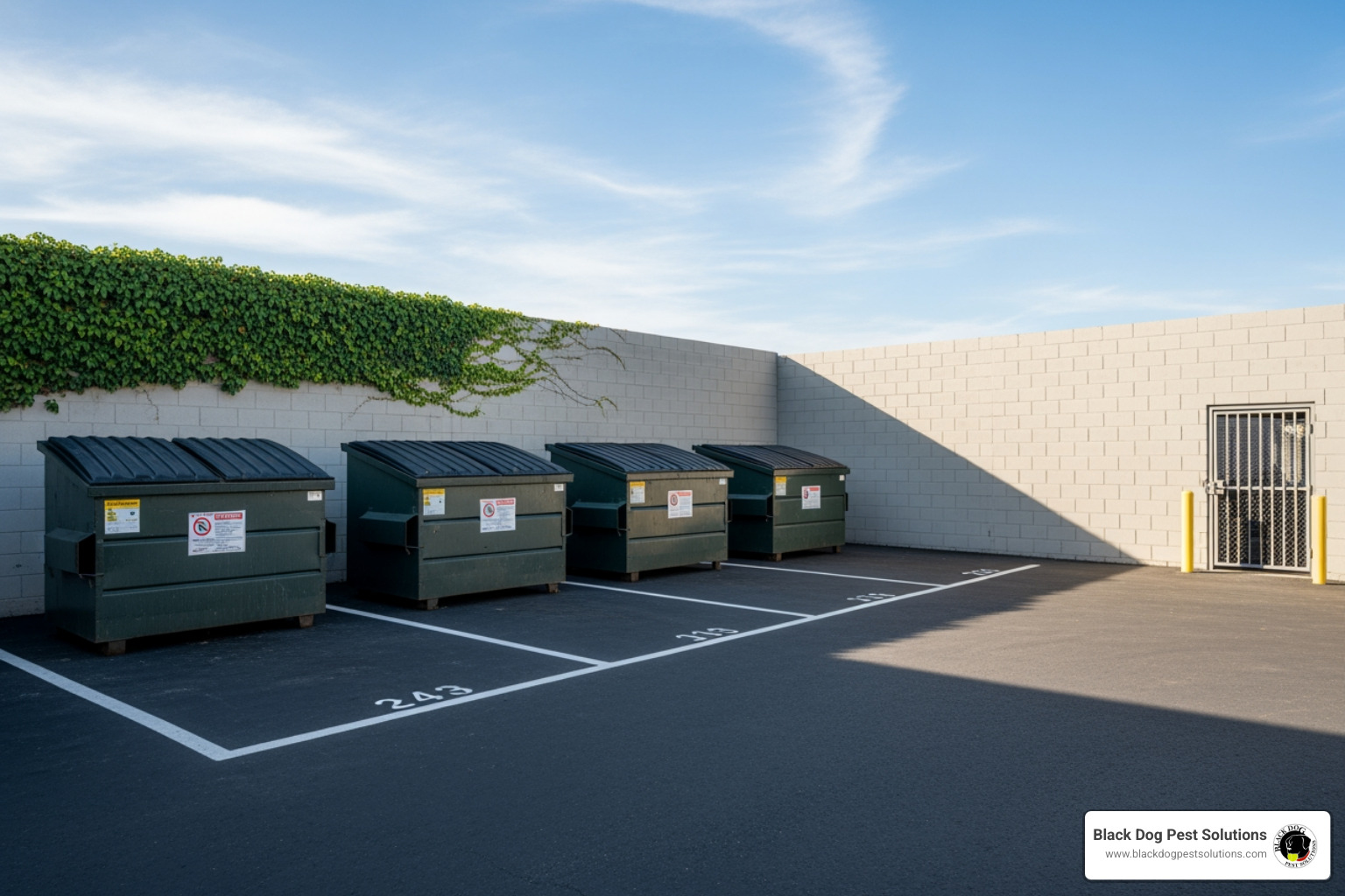 well-maintained, clean commercial dumpster area with closed lids - commercial fly control well-maintained, clean commercial dumpster area with closed lids - commercial fly control