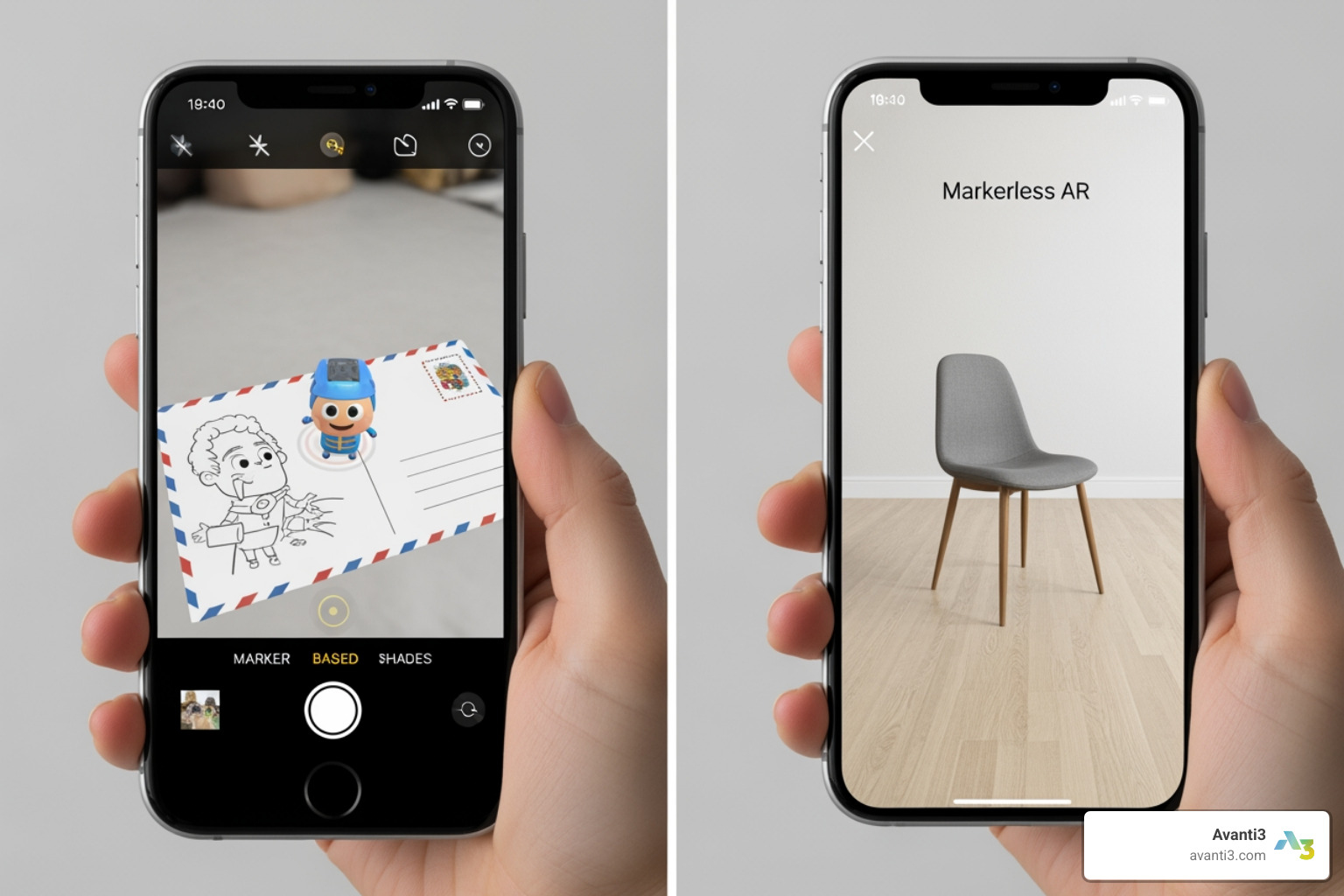 a side-by-side comparison of a marker-based AR experience triggered by a postcard and a markerless AR experience with a virtual chair placed on a floor - learn how to create augmented reality