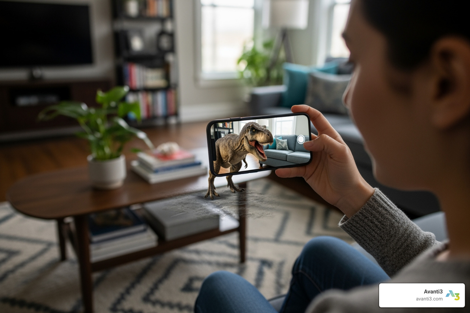 a person using a smartphone to view an AR dinosaur in their living room - learn how to create augmented reality