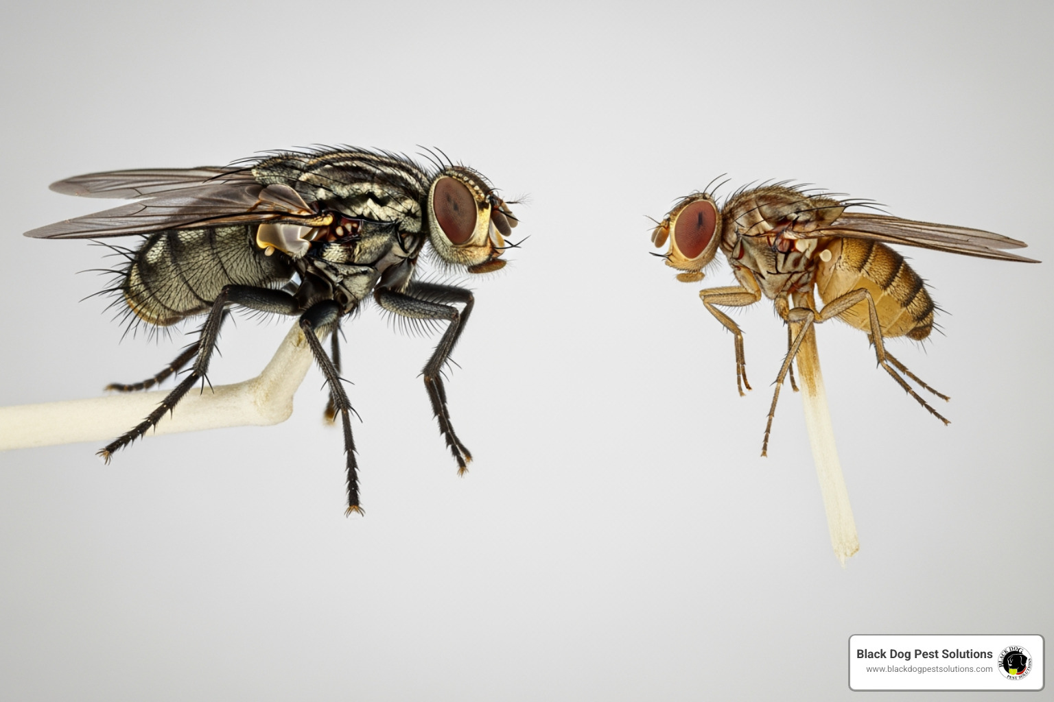 side-by-side comparison of a large fly (house fly) and a small fly (fruit fly) - commercial fly control side-by-side comparison of a large fly (house fly) and a small fly (fruit fly) - commercial fly control