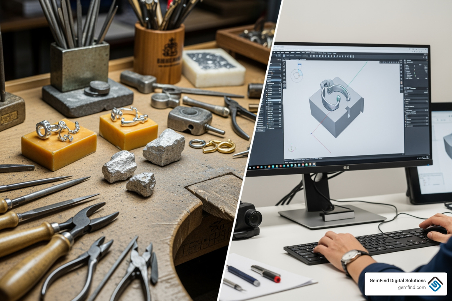 Traditional jeweler's bench contrasted with a modern computer setup showing CAD software - Custom jewelry design software Traditional jeweler's bench contrasted with a modern computer setup showing CAD software - Custom jewelry design software