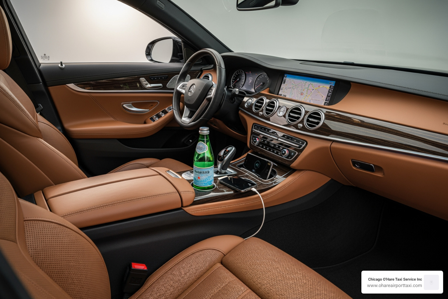 luxurious and clean interior of a high-end sedan with leather seats and bottled water - Executive airport transport luxurious and clean interior of a high-end sedan with leather seats and bottled water - Executive airport transport