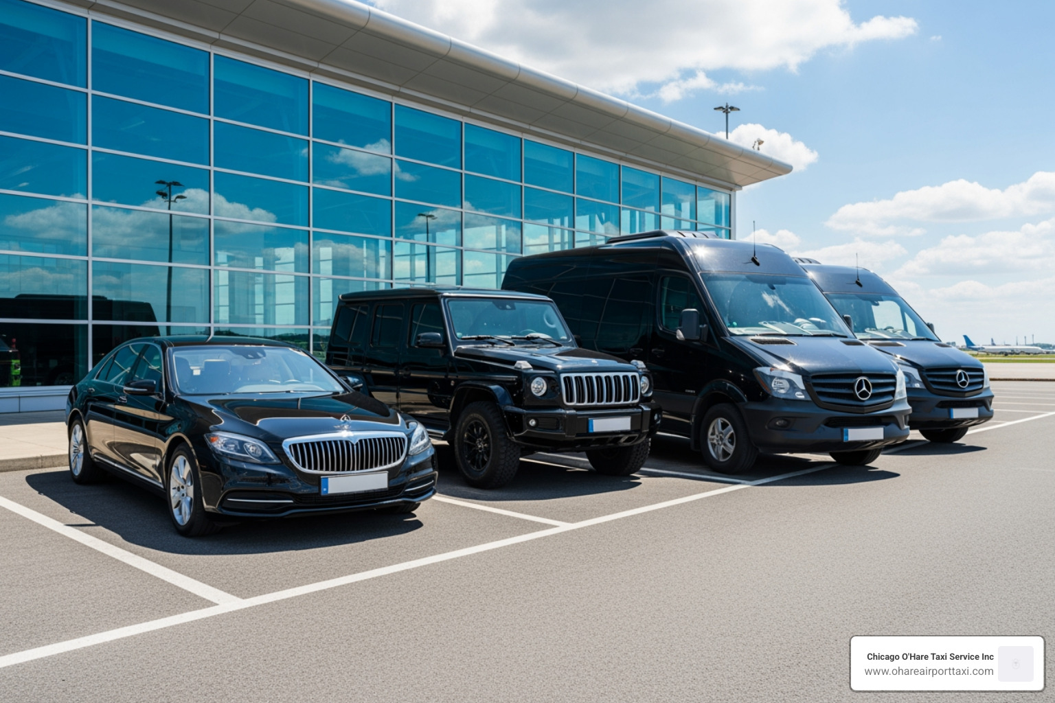 diverse executive fleet including a luxury sedan, an SUV, and a sprinter van parked in front of an airport - Executive airport transport diverse executive fleet including a luxury sedan, an SUV, and a sprinter van parked in front of an airport - Executive airport transport
