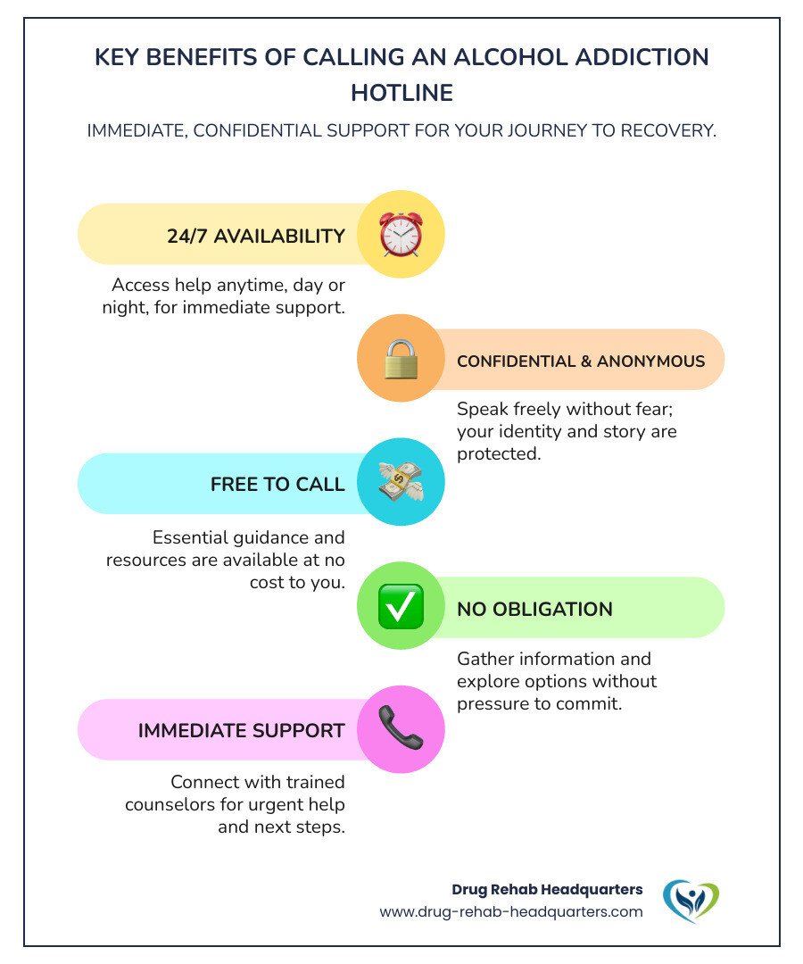 infographic showing key benefits of calling an alcohol addiction hotline including 24/7 availability icon with clock, confidential support icon with lock, free service icon with dollar sign crossed out, no obligation icon with checkmark, immediate help icon with phone, and trained counselors icon with headset - alcohol addiction hotline infographic infographic-line-5-steps-colors
