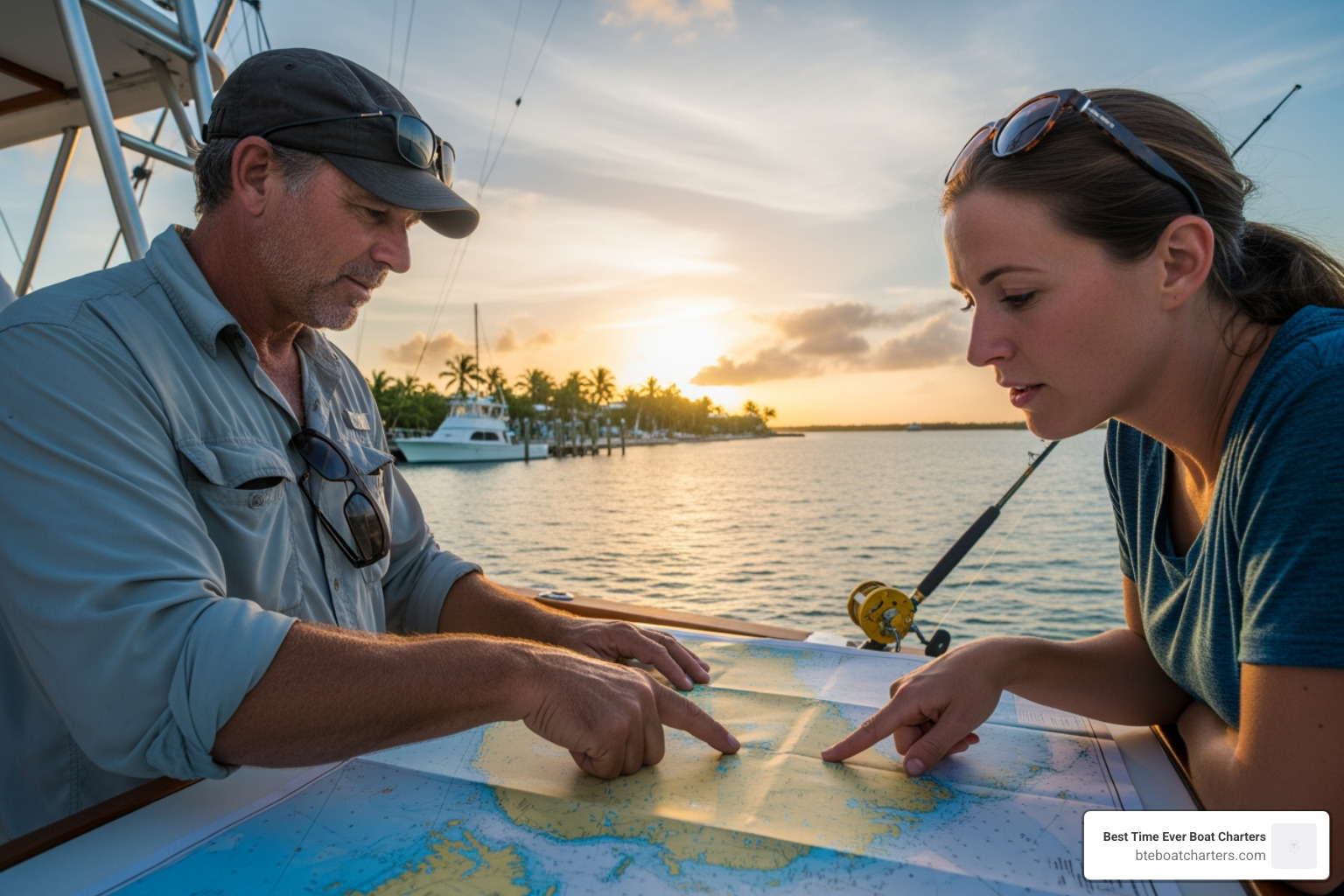 Guest reviewing a navigation chart with a friendly local before departure - rent a boat in islamorada Guest reviewing a navigation chart with a friendly local before departure - rent a boat in islamorada
