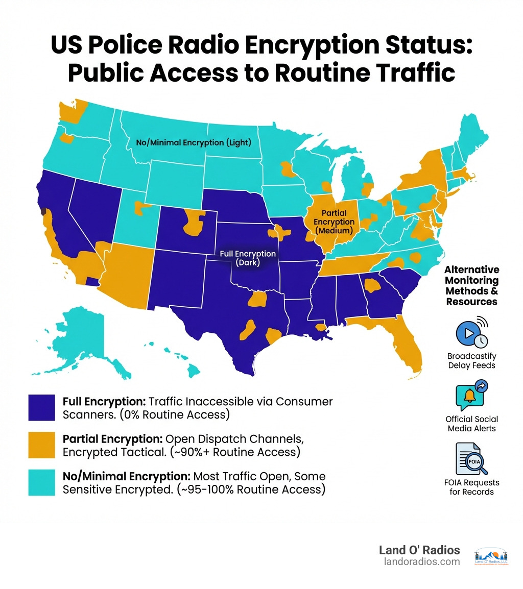 Infographic showing a map of the United States with three color-coded regions indicating areas with full police radio encryption (dark), partial encryption with open dispatch channels (medium), and no encryption or minimal encryption (light), plus a legend showing what percentage of routine traffic is still accessible via consumer scanners in each type of area, and icons representing alternative monitoring methods like Broadcastify feeds, social media alerts, and FOIA requests - encrypted police scanner infographic 