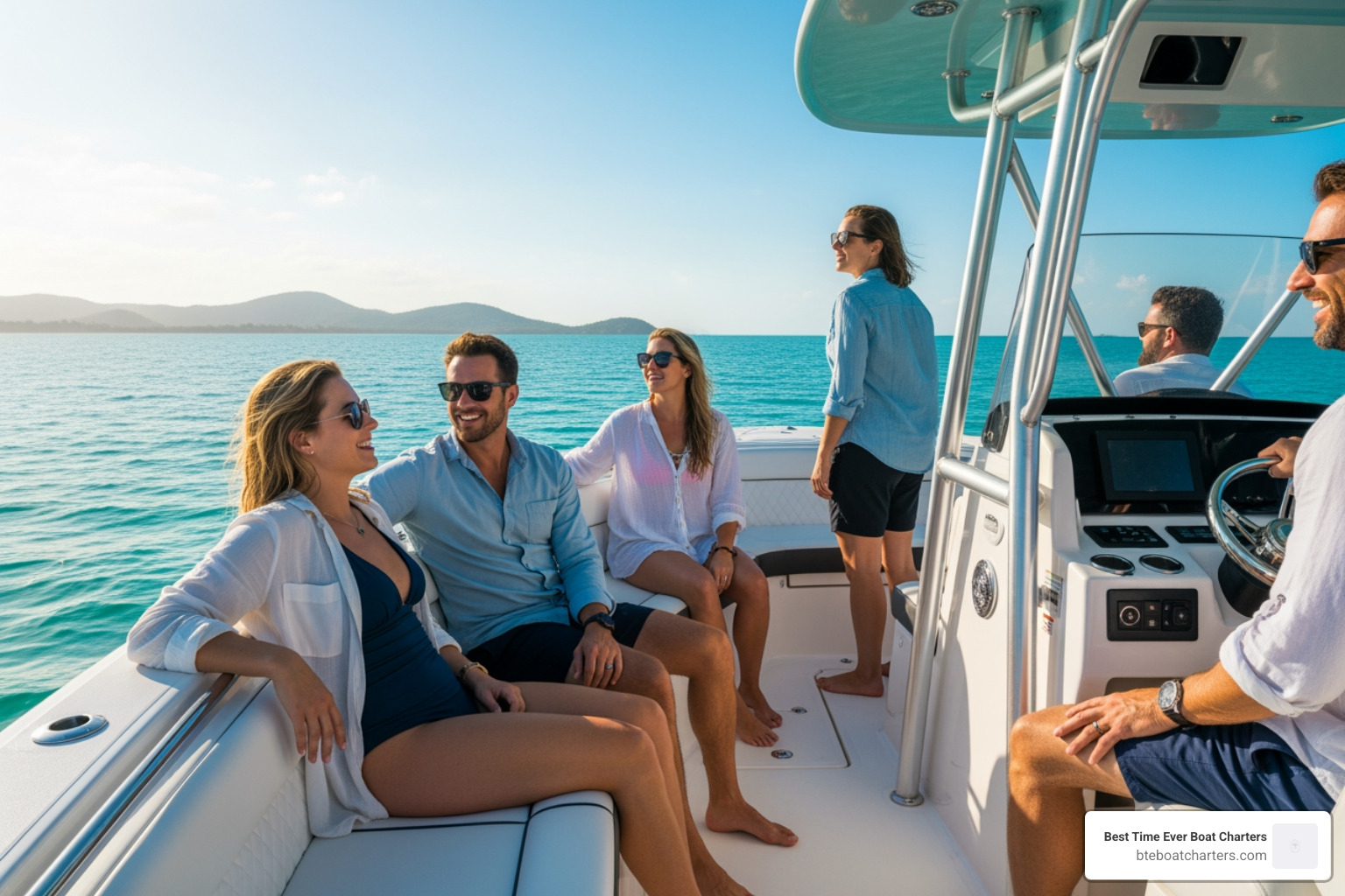 Small group relaxing on a center console boat, sun on their faces - rent a boat in islamorada Small group relaxing on a center console boat, sun on their faces - rent a boat in islamorada